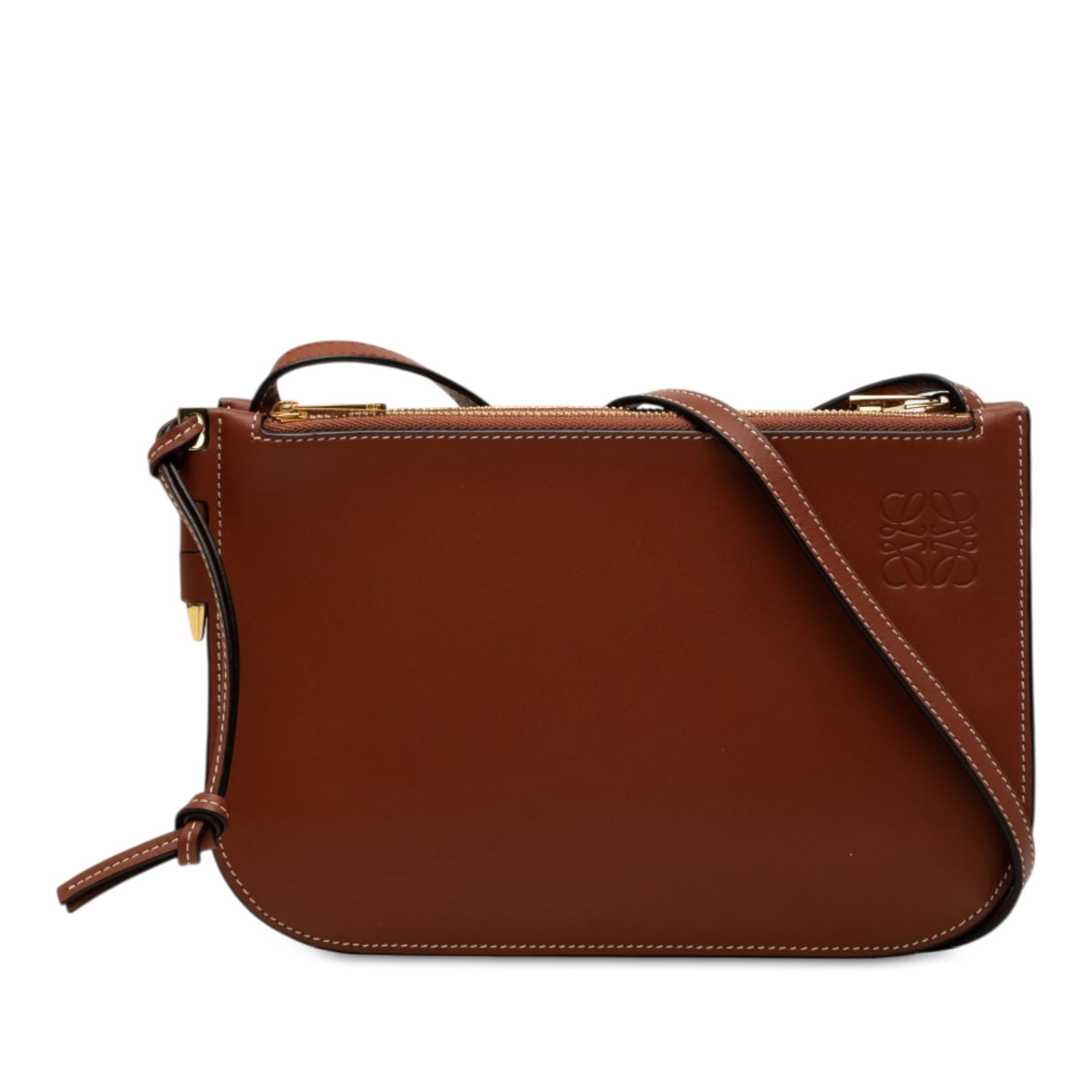LOEWE Gate Double Zip Pouch Leather Crossbody Bag Brown: LOEWE Gate Double Zip Pouch Leather Crossbody Bag Brown The LOEWE Gate Double Zip Pouch is a brown leather crossbody bag with a compact, streamlined design. It features an adjustable flat leather stra