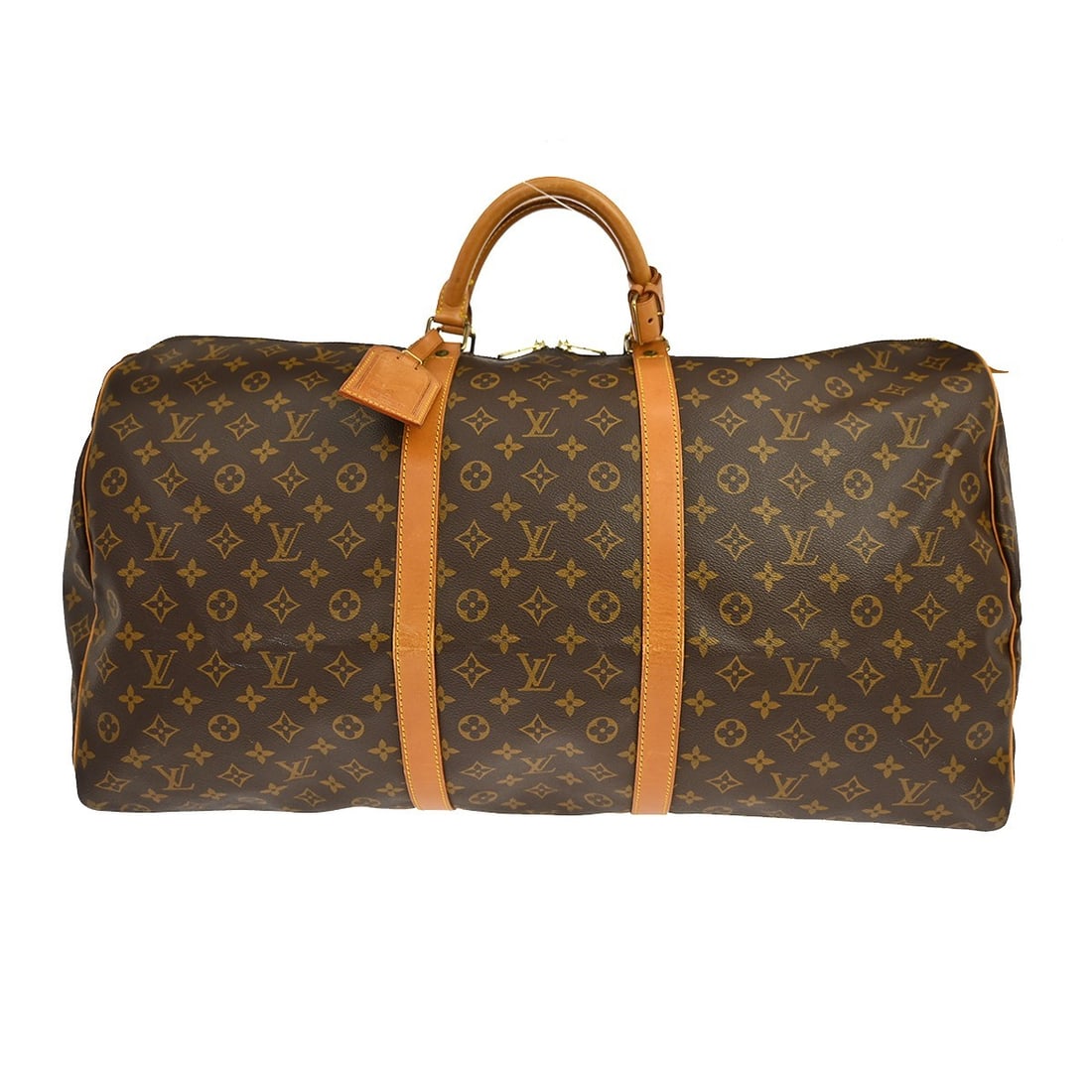 Louis Vuitton Keepall 60 Monogram Duffle Bag M41422: Louis Vuitton Keepall 60 Monogram Duffle Bag M41422 Vintage Louis Vuitton Keepall 60 travel handbag in brown Monogram canvas with leather trim and double handles. This extra large duffle-style bag fea