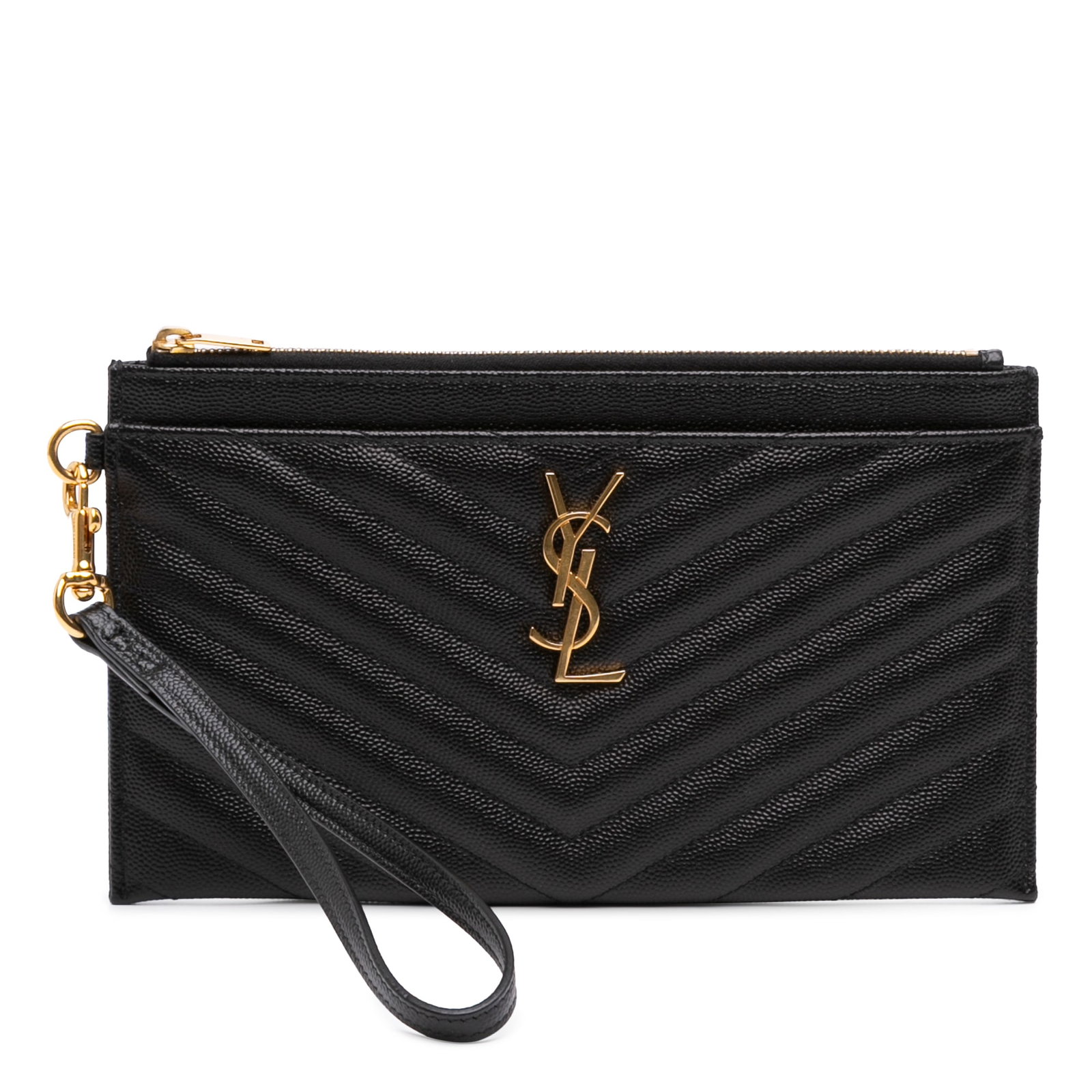 Saint Laurent Cassandre Zip Pouch Large Matelasse Leather Wristlet: Saint Laurent Cassandre Zip Pouch Large Matelasse Leather Wristlet Saint Laurent Large Grain De Poudre Matelasse Cassandre Zip Pouch in black quilted leather. This clutch features a detachable flat le