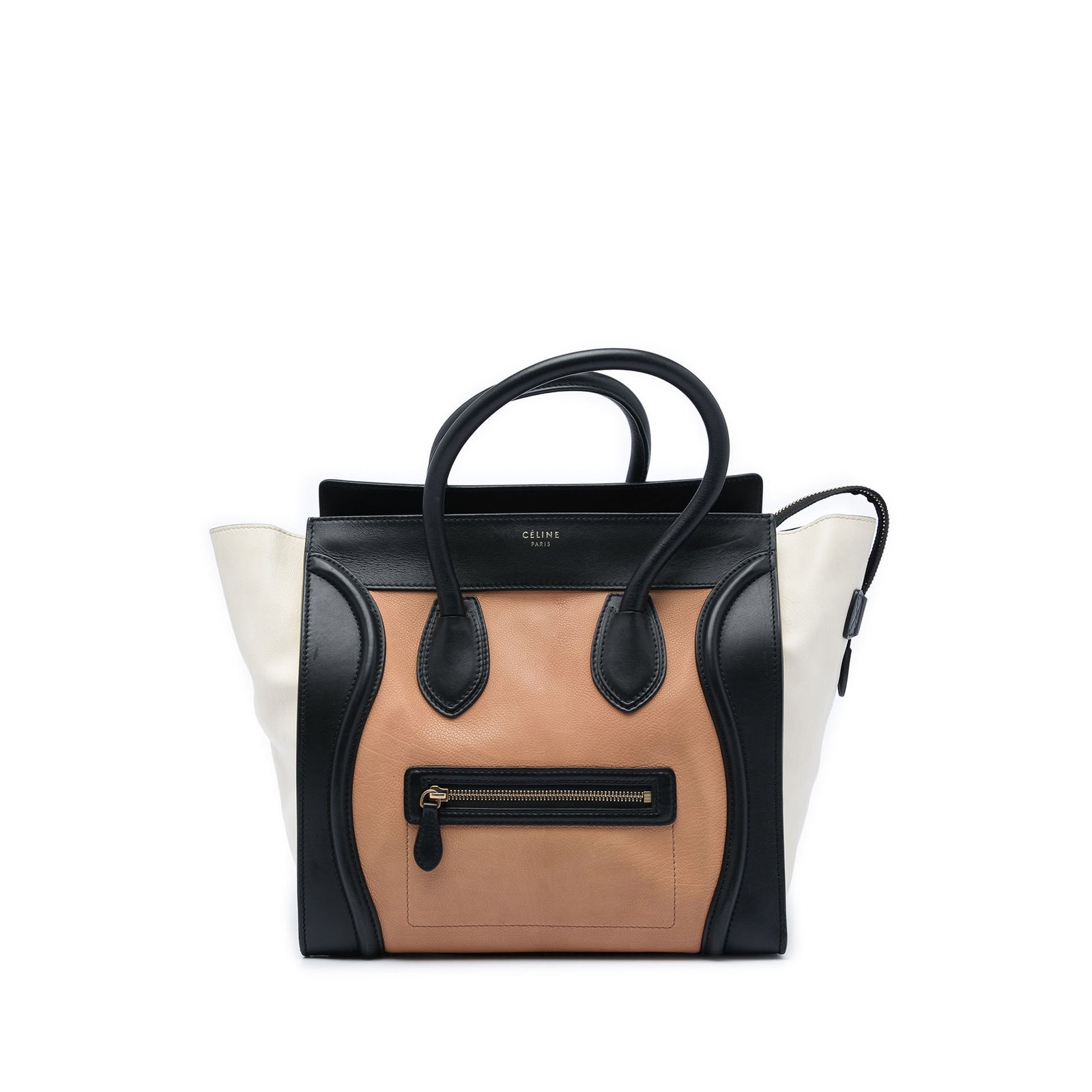 Celine Luggage Tote Mini Tricolor Brown Leather Handbag: Celine Luggage Tote Mini Tricolor Brown Leather Handbag Celine Mini Tricolor Luggage Tote crafted in leather with a structured silhouette. This handbag features rolled leather handles, a top zip closu