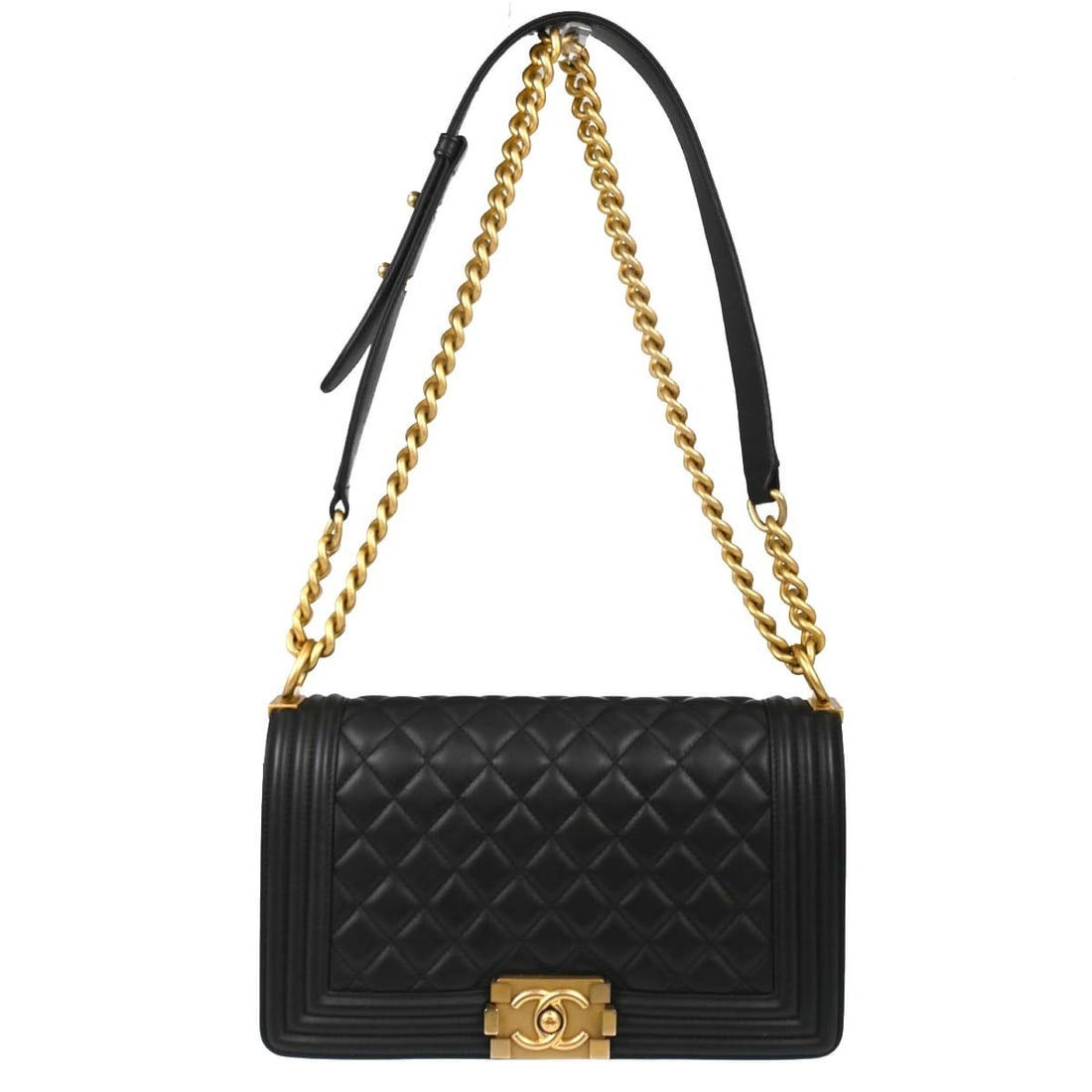 CHANEL Boy Medium Shoulder Bag Black Lambskin Chain Strap: CHANEL Boy Medium Shoulder Bag Black Lambskin Chain Strap Vintage Chanel Boy medium shoulder bag in black lambskin with a push-lock closure and chain shoulder strap. The bag features quilted accents, 