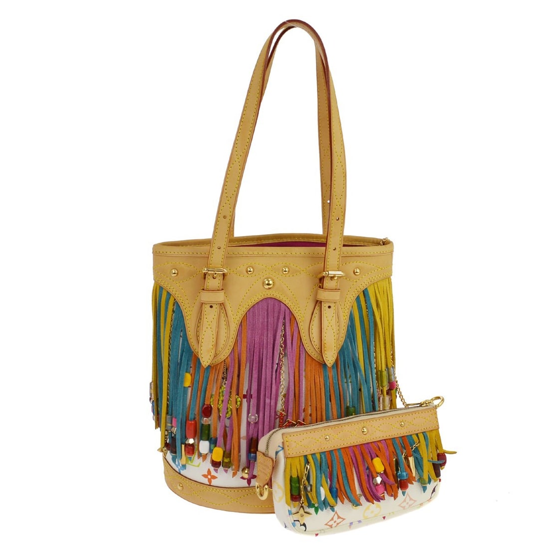Louis Vuitton Bucket Frange White Monogram Multicolor Tote M40109: Louis Vuitton Bucket Frange White Monogram Multicolor Tote M40109 Vintage Louis Vuitton Monogram Multicolor Bucket Fringe tote bag in white with logo accents. This medium tote features a microfiber li