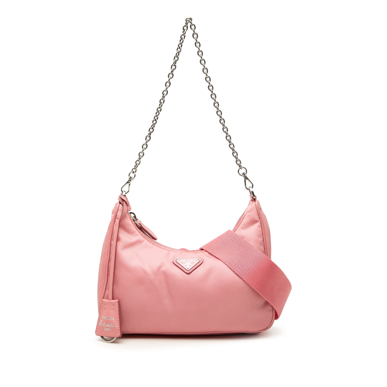 Prada Re Edition 2005 Pink Nylon Satchel with Pouch: Prada Re Edition 2005 Pink Nylon Satchel with Pouch A Prada Re-Edition 2005 satchel crafted with a nylon body and Saffiano leather trim. This pink bag features a chain strap, a detachable flat strap, 