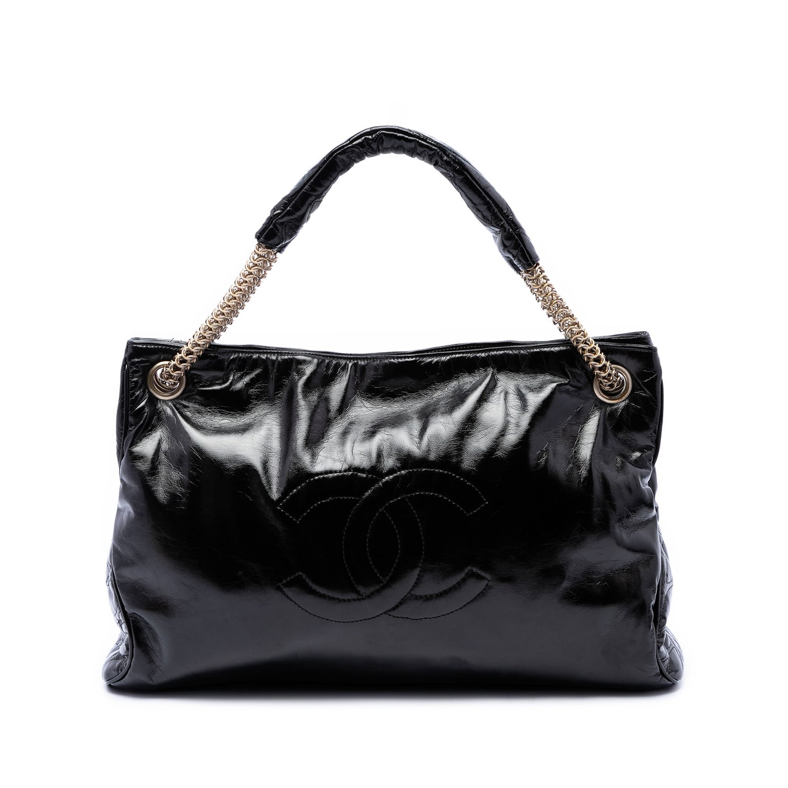 Chanel Rodeo Drive Patent Leather Tote Bag Black: Chanel Rodeo Drive Patent Leather Tote Bag Black Chanel Crinkled Patent Rodeo Drive Tote in black patent leather with leather-woven chain shoulder straps and a top zip closure. The bag includes exteri