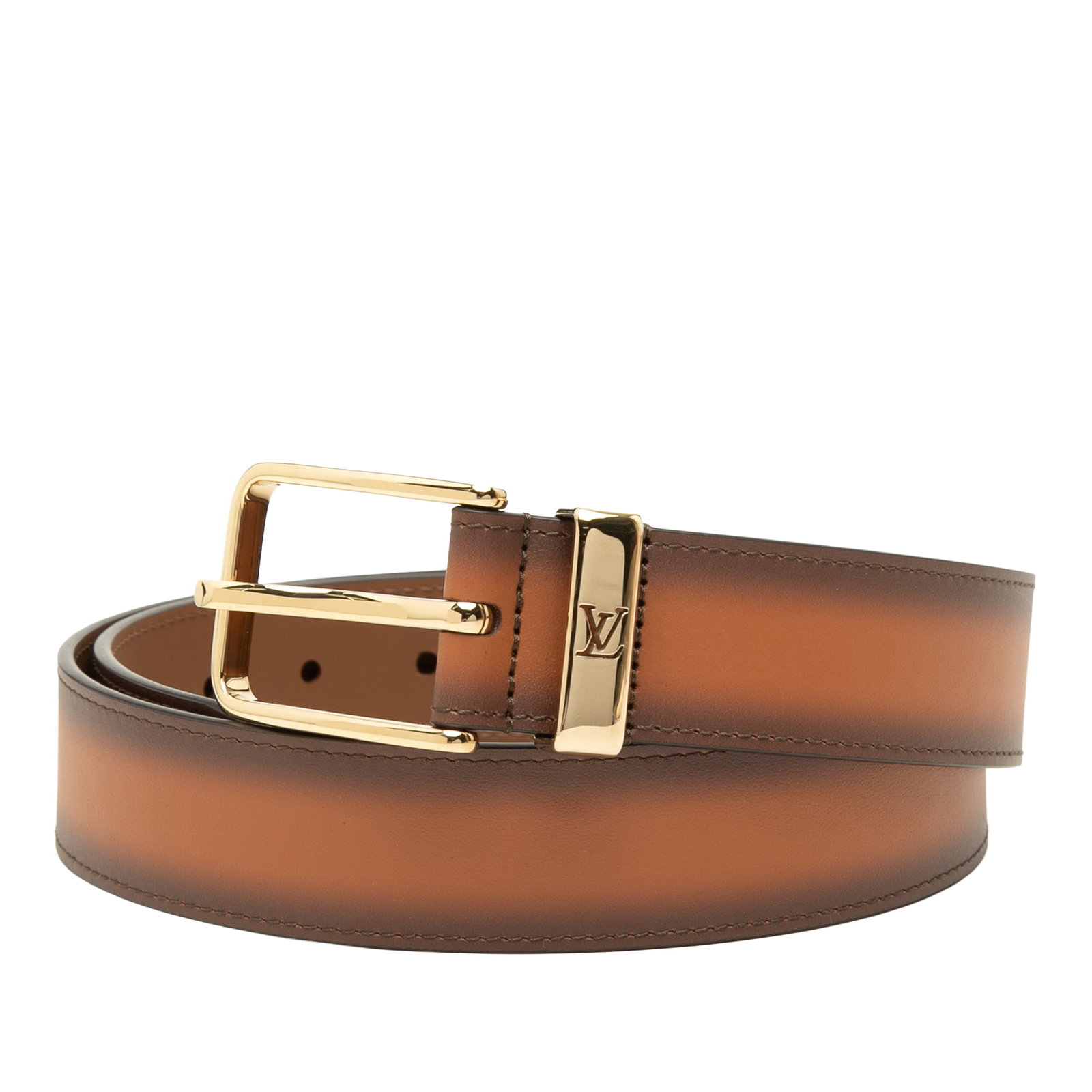 Louis Vuitton Pont Neuf brown patinated calfskin belt: Louis Vuitton Pont Neuf brown patinated calfskin belt Louis Vuitton Pont Neuf belt crafted in patinated calfskin leather with a gold-tone buckle and peg-in-hole closure. Includes the dust bag and box.
