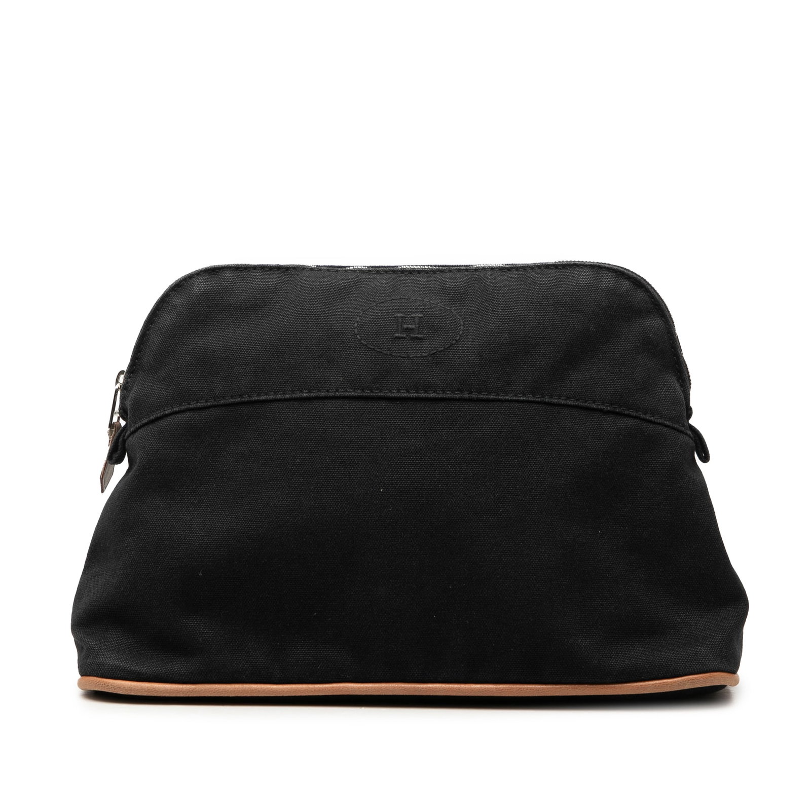 Hermes Toile Bolide PM Travel Pouch with Leather Trim: Hermes Toile Bolide PM Travel Pouch with Leather Trim Hermes Toile Bolide Trousse De Voyage Pouch PM with a cotton body, leather trim, top zip closure, and an interior slip pocket. Made in France. Con