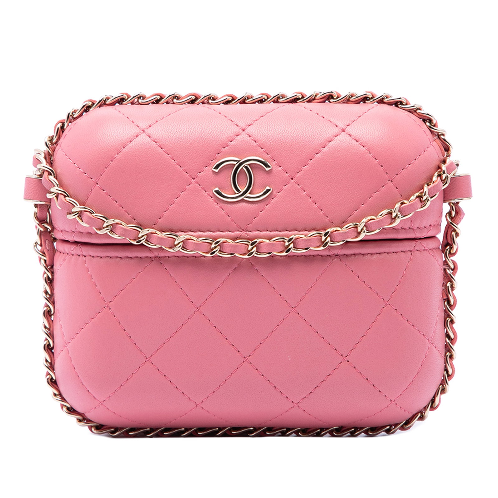 Chanel Chain Around Mini Vanity Case in Pink Quilted Lambskin: Chanel Chain Around Mini Vanity Case in Pink Quilted Lambskin Compact and distinctive, this Chanel mini vanity case is crafted in pink quilted lambskin leather with a leather-woven chain strap and a t
