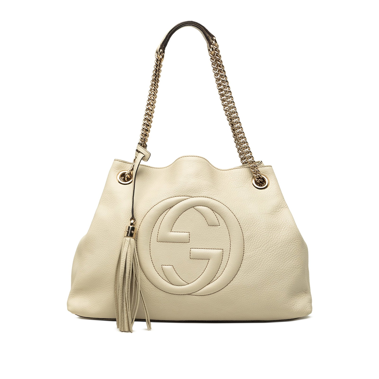 Gucci Soho Chain Tote Medium White Calfskin Leather Bag: Gucci Soho Chain Tote Medium White Calfskin Leather Bag Gucci Medium Calfskin Soho Chain Tote in white leather with silver-tone chain straps and leather shoulder guards. The design includes a tassel d