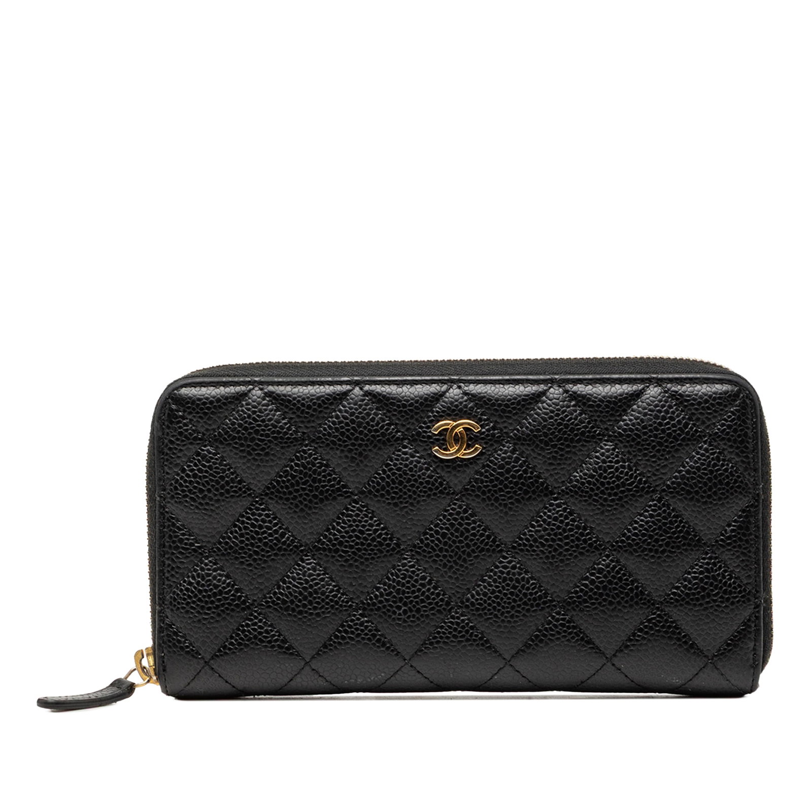 Chanel CC Quilted Caviar Leather Long Wallet Zip Around Black: Chanel CC Quilted Caviar Leather Long Wallet Zip Around Black A Chanel CC Quilted Caviar Zip Around Long Wallet in black leather with a zip-around closure. The interior includes a zip compartment, sli