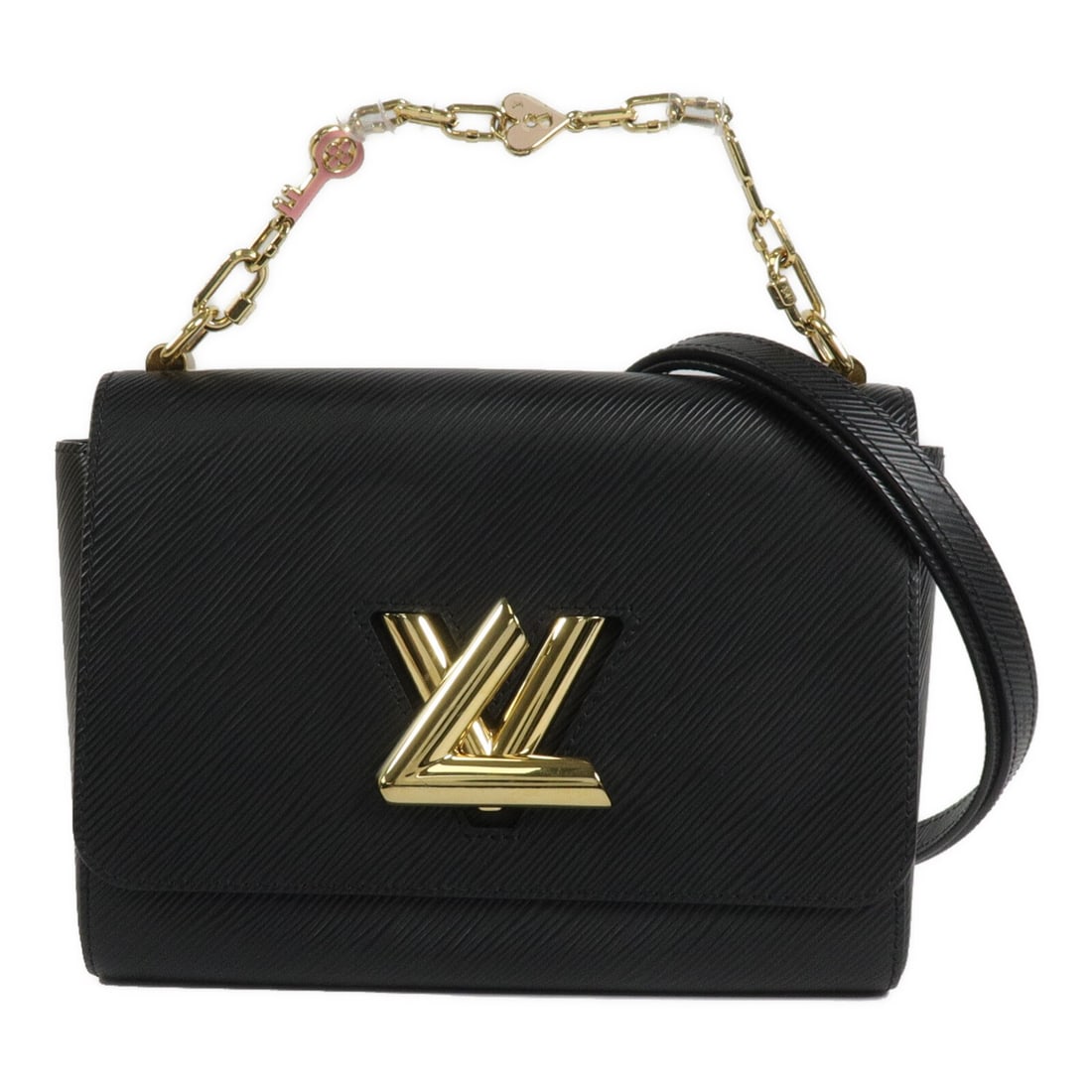 Louis Vuitton Twist MM M20834 Epi Calfskin 2 Way Bag Black: Louis Vuitton Twist MM M20834 Epi Calfskin 2 Way Bag Black Louis Vuitton Twist MM Love Lock 2-way shoulder bag in black Epi and calfskin. This women's bag features a turn-lock closure, a structured si