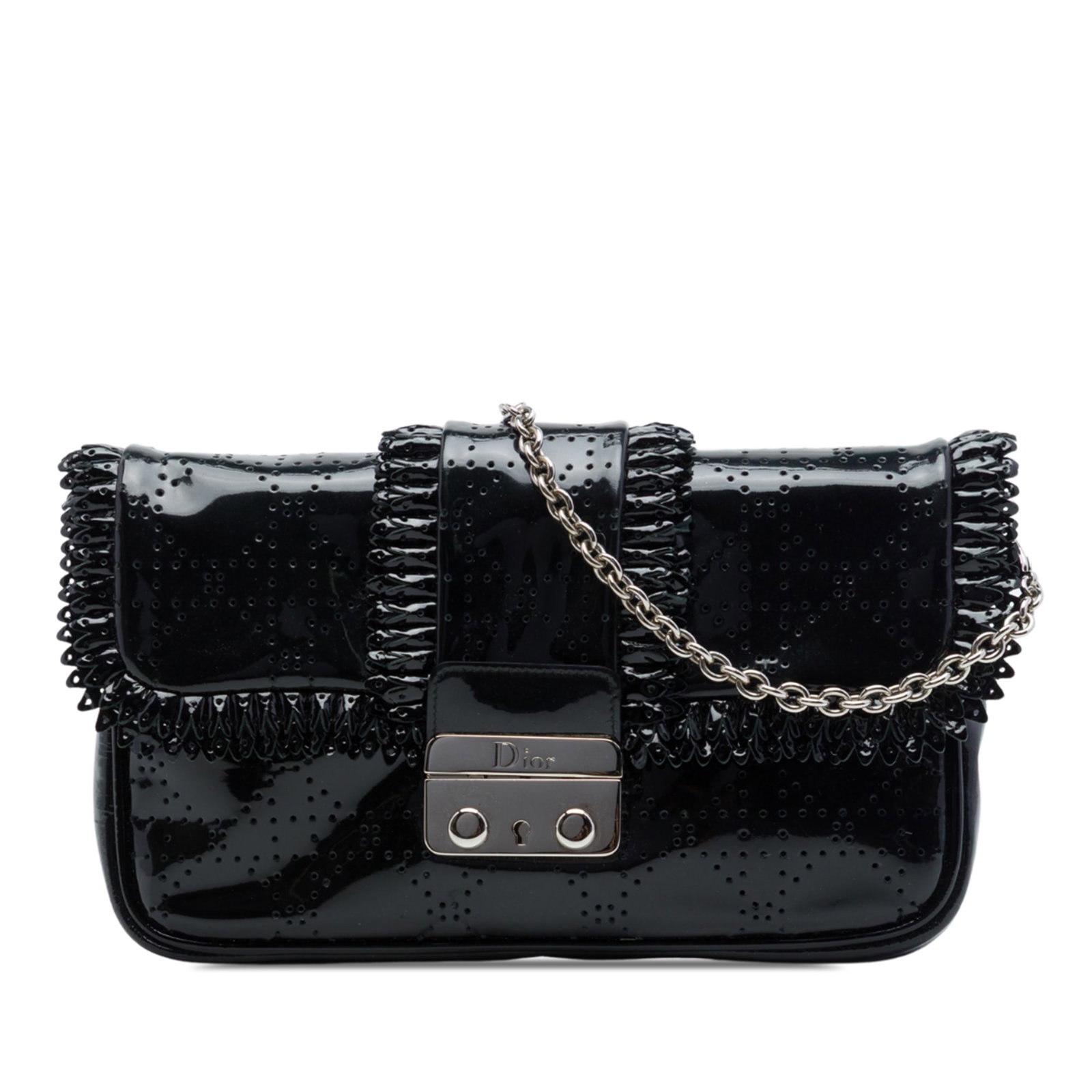 Black Patent Leather Crossbody Dior New Lock Cannage Pouch: Black Patent Leather Crossbody Dior New Lock Cannage Pouch A Dior crossbody bag crafted in black perforated patent leather with Cannage detailing and ruffle accents. The design features a chain link s