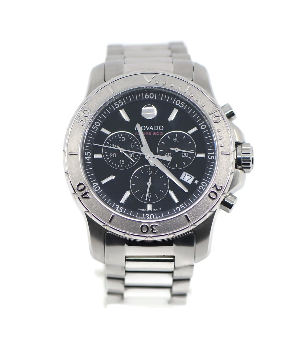Authentic Movado Series 800 Chronograph Stainless Steel Watch 43mm: Authentic Movado Series 800 Chronograph Stainless Steel Watch 43mm Introducing the Movado Series 800 Chronograph Stainless Steel Watch, a sophisticated wristwatch designed for elegance and functionali
