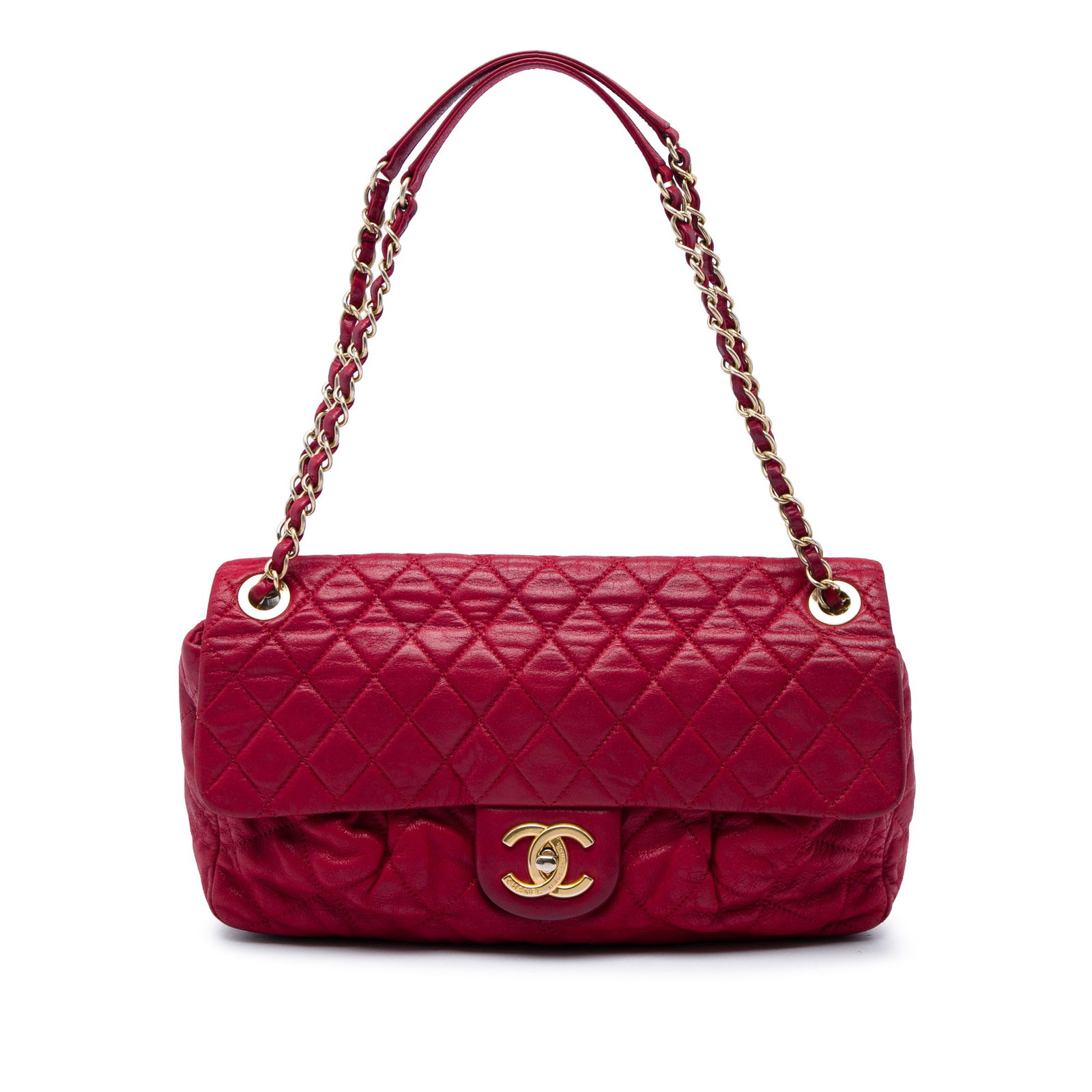 Chanel Coco Pleats Large Flap Shoulder Bag Red Calfskin: Chanel Coco Pleats Large Flap Shoulder Bag Red Calfskin A Chanel Coco Pleats flap shoulder bag crafted in iridescent quilted calfskin leather. It features leather-woven chain straps with flat leather 