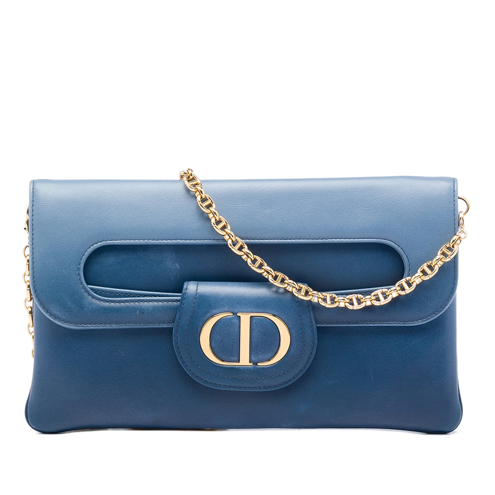 Dior DiorDouble Medium Blue Calfskin Shoulder Bag: Dior DiorDouble Medium Blue Calfskin Shoulder Bag Medium DiorDouble chain bag crafted in blue calfskin leather. This bag features a detachable chain link shoulder strap, a flap with magnetic snap clos