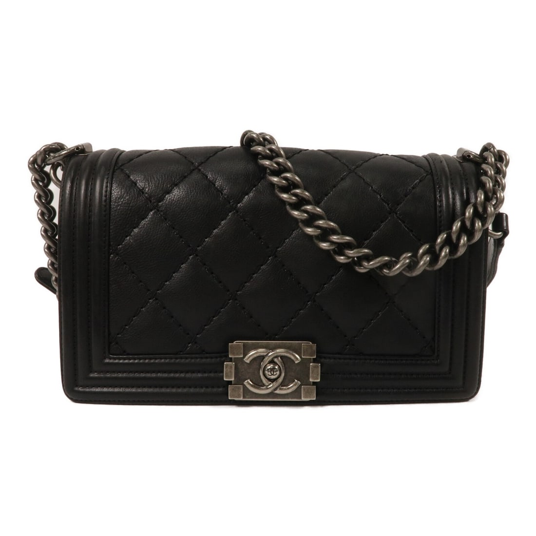 CHANEL Boy 20 Shoulder Bag A67085 Black Calfskin Chain Strap: CHANEL Boy 20 Shoulder Bag A67085 Black Calfskin Chain Strap CHANEL Boy 20 Chain Shoulder Bag in black calfskin (cowhide) leather, model A67085. This women's shoulder bag features a black-on-black col