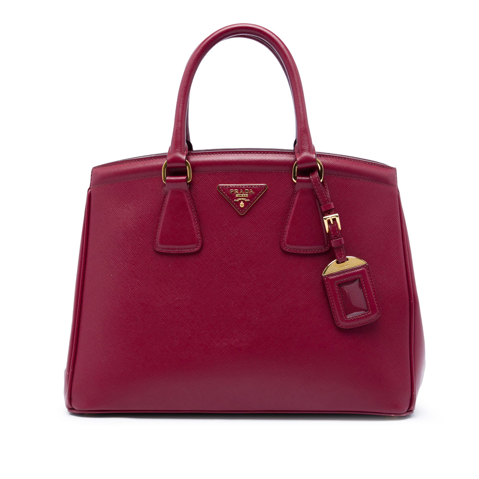 Prada Parabole Tote in Red Saffiano Leather: Prada Parabole Tote in Red Saffiano Leather This Prada Saffiano Lux Parabole tote is crafted in red saffiano leather with rolled handles and an open-top design. The interior includes a zip compartment