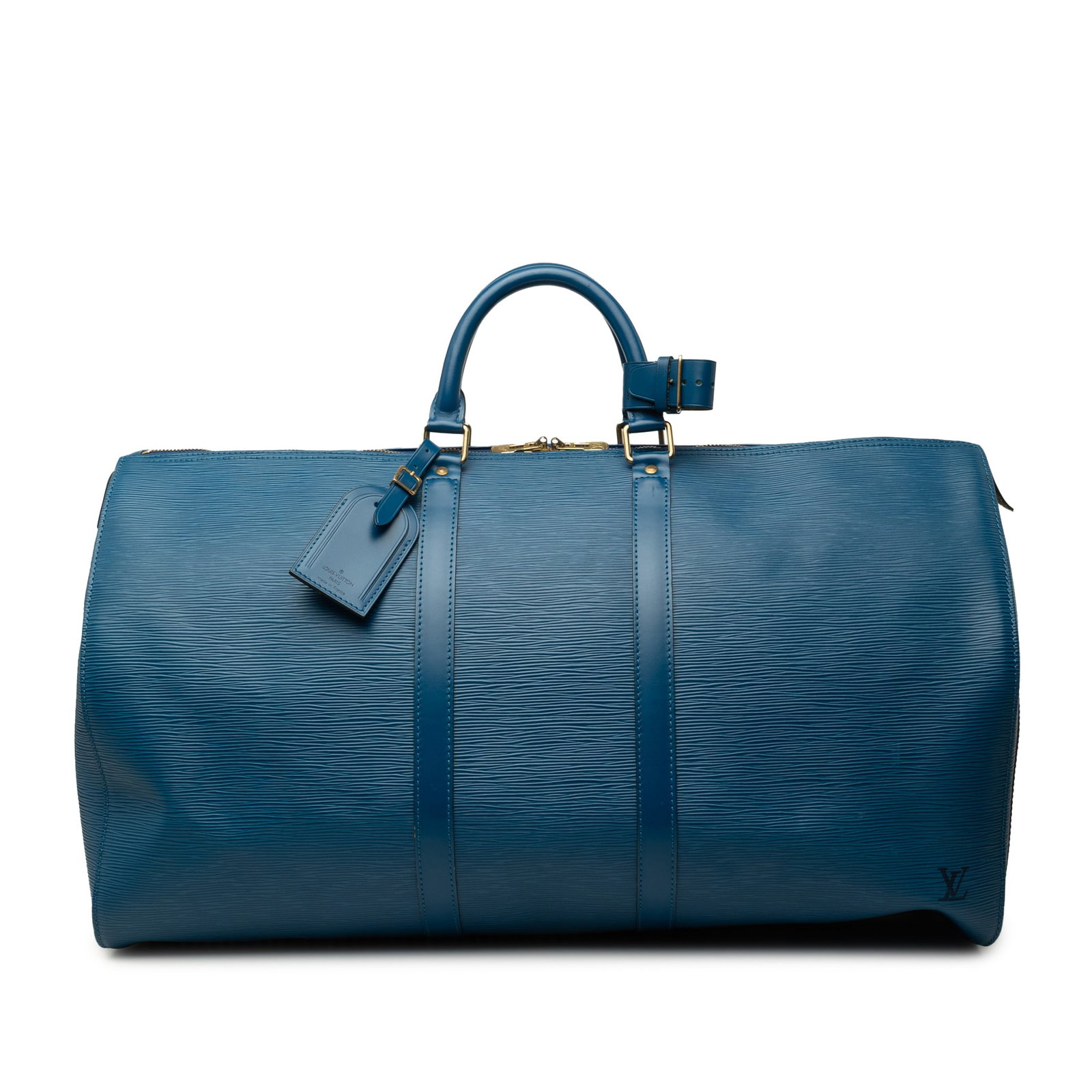 Louis Vuitton Keepall 55 Blue Epi Leather Duffle Bag: Louis Vuitton Keepall 55 Blue Epi Leather Duffle Bag Louis Vuitton Epi Keepall 55 travel bag crafted in blue Epi leather with rolled leather handles, a top zip closure, and an exterior side slip pocke