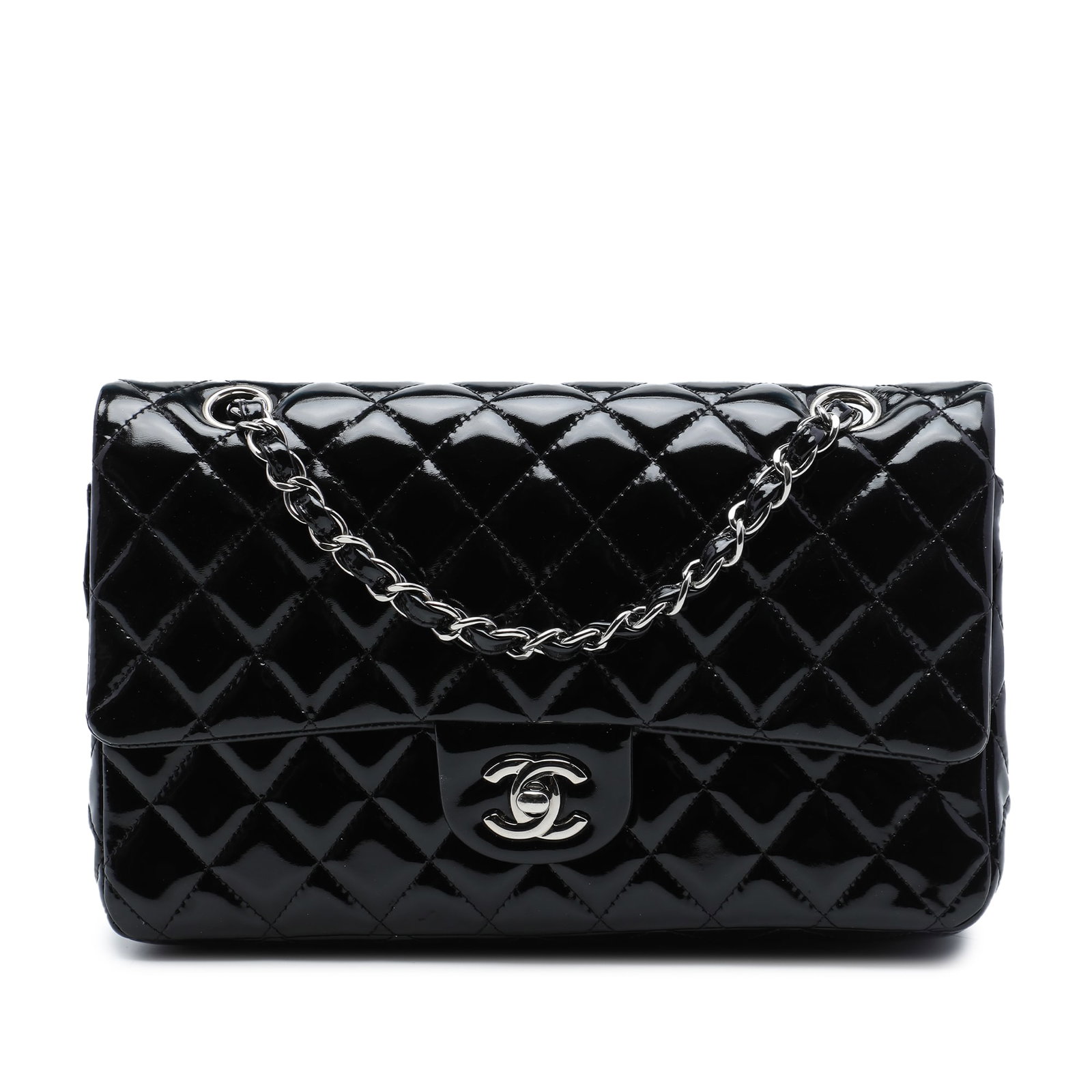 Chanel Medium Classic Double Flap Shoulder Bag in Black Patent Leather: Chanel Medium Classic Double Flap Shoulder Bag in Black Patent Leather A Chanel Medium Classic Patent Double Flap shoulder bag crafted in black quilted patent leather. It features leather-woven chain 
