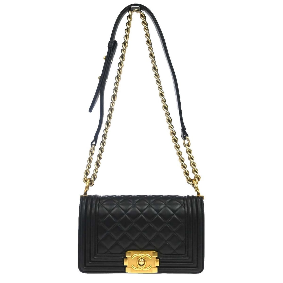 CHANEL Boy Chanel Mini Black Lambskin Shoulder Bag Chain Strap: CHANEL Boy Chanel Mini Black Lambskin Shoulder Bag Chain Strap Chanel Boy Chanel small chain shoulder bag in black lambskin leather with a clasp flap closure and chain shoulder strap. The interior is 