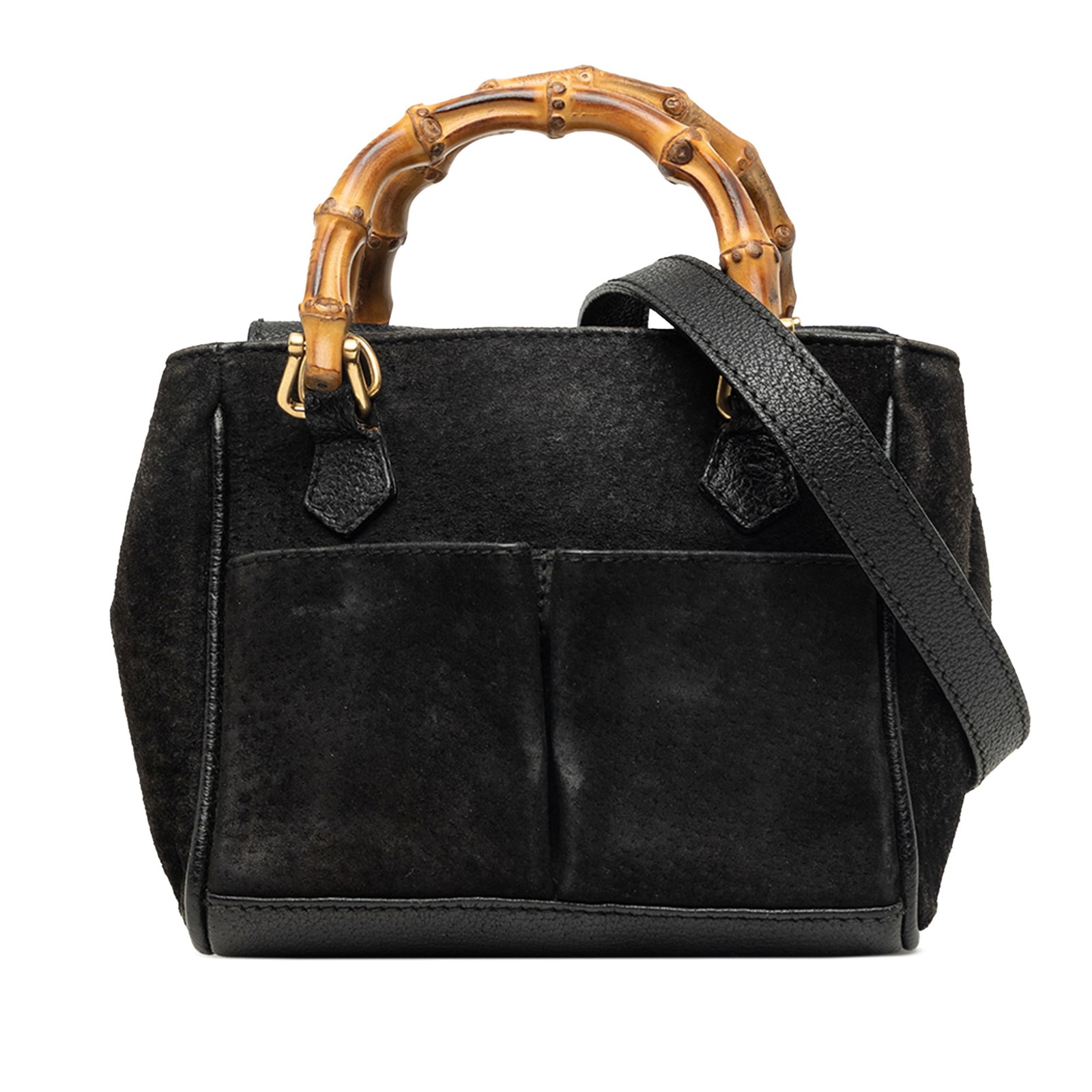 Gucci Bamboo Mini Satchel in Black Suede Leather: Gucci Bamboo Mini Satchel in Black Suede Leather Compact Gucci satchel crafted with a suede body, bamboo top handles, and a detachable flat leather strap. The design includes a fold-in flap with magne