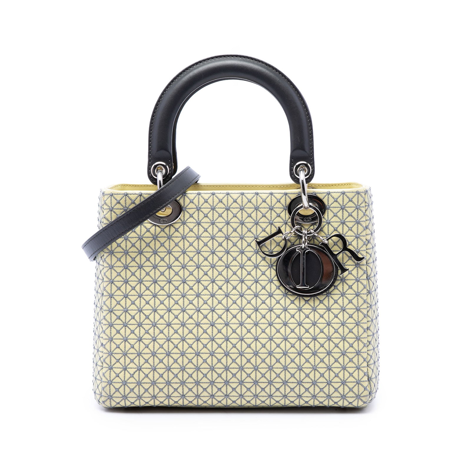 Dior Lady Dior Medium Lambskin Satchel with Strap Yellow: Dior Lady Dior Medium Lambskin Satchel with Strap Yellow A medium Lady Dior satchel crafted in yellow embroidered lambskin leather with the signature Microcannage design. It features flat leather hand