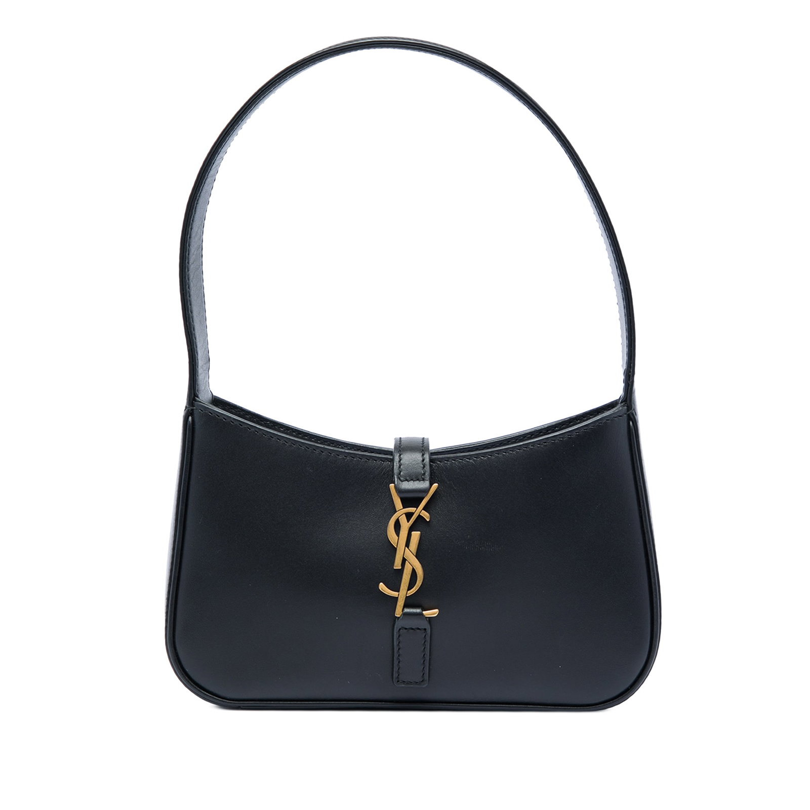 Saint Laurent Le 5 a 7 Mini Black Leather Shoulder Bag: Saint Laurent Le 5 a 7 Mini Black Leather Shoulder Bag Saint Laurent Mini Le 5 a 7 shoulder bag crafted in smooth calfskin leather. This compact bag features a flat leather shoulder strap and an open 