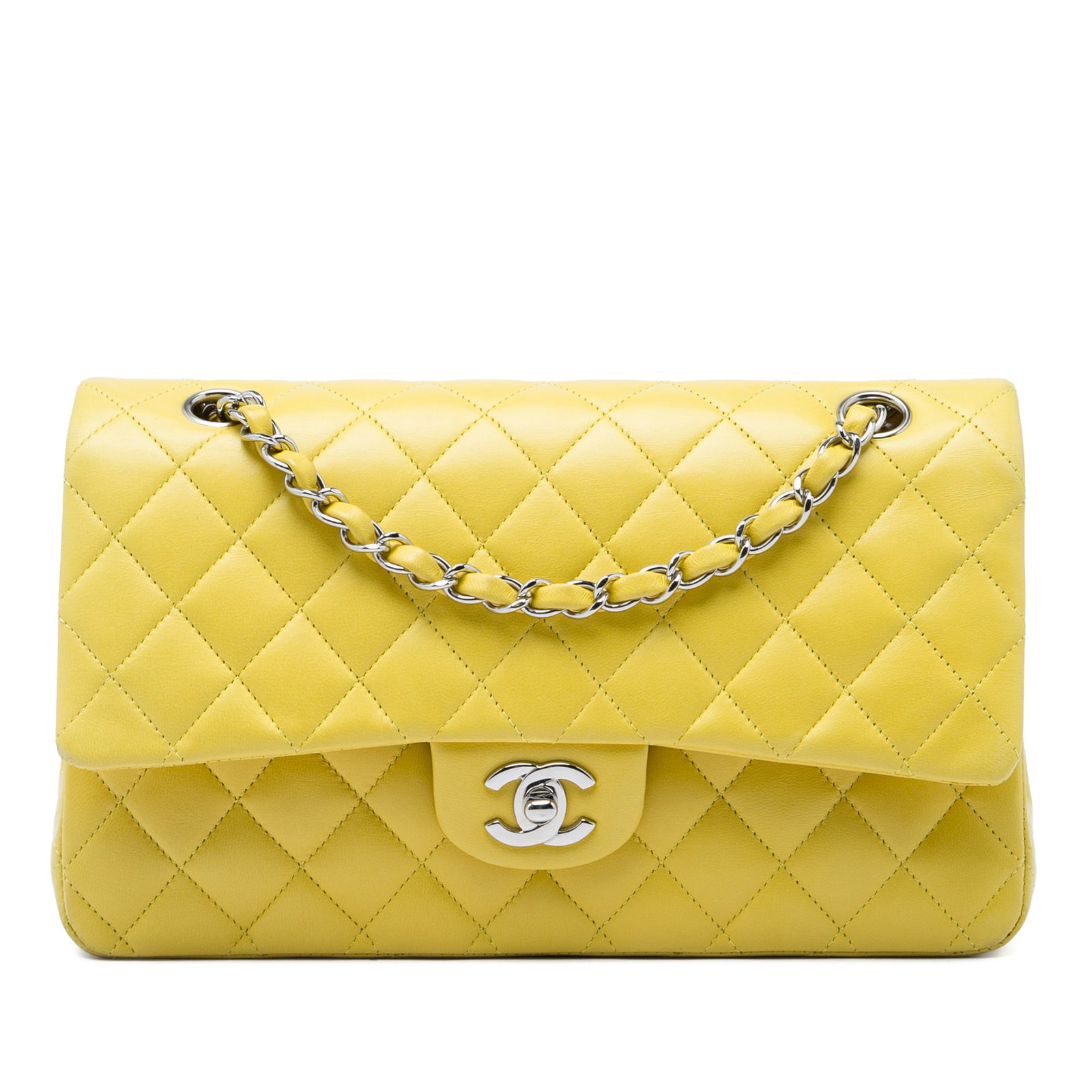 Chanel Medium Classic Double Flap Shoulder Bag Yellow Lambskin: Chanel Medium Classic Double Flap Shoulder Bag Yellow Lambskin A Chanel Medium Classic Lambskin Double Flap shoulder bag in yellow quilted lambskin leather. This bag features a leather-woven chain str