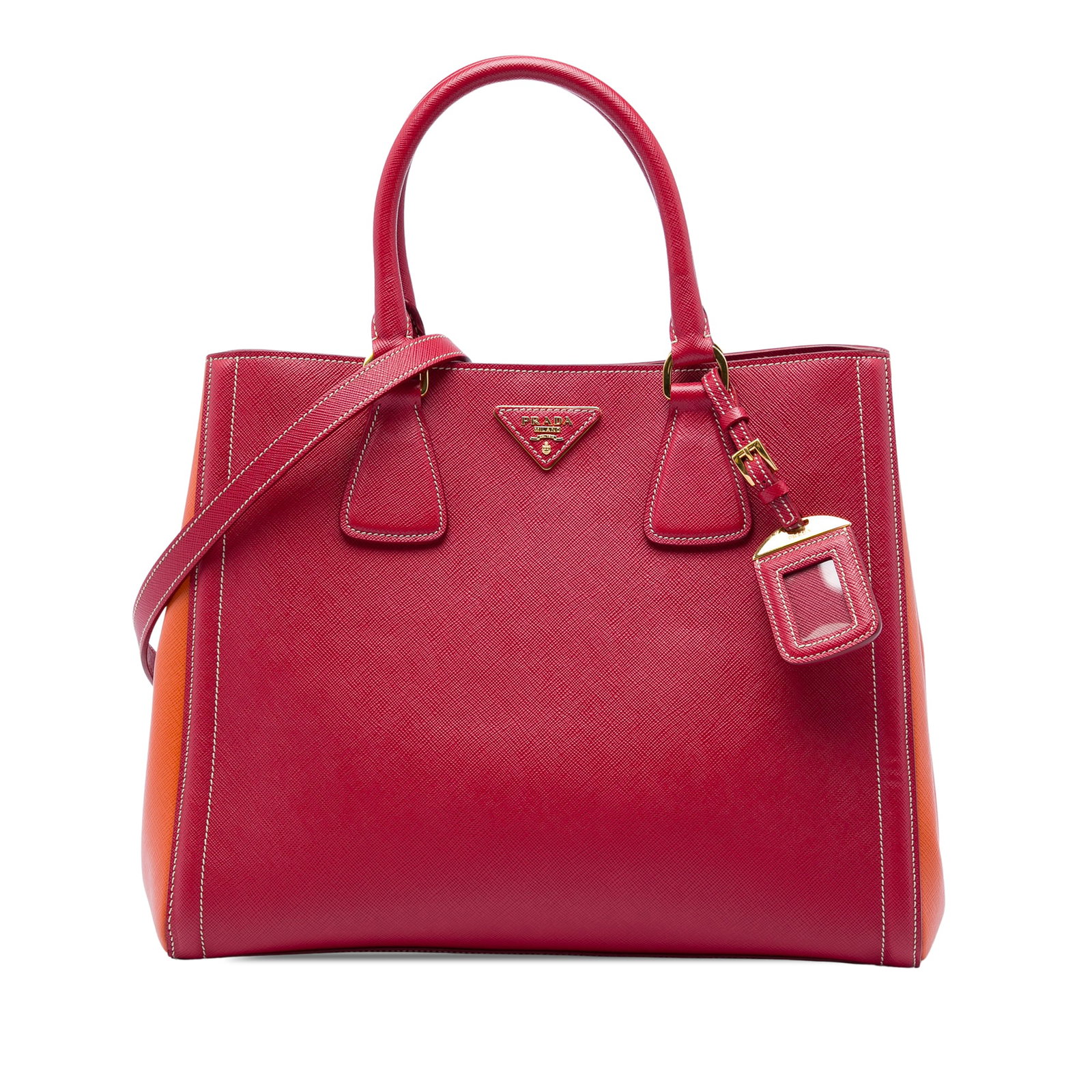 Prada Saffiano Lux Bicolor Leather Satchel Bag: Prada Saffiano Lux Bicolor Leather Satchel Bag Prada Bicolor Saffiano Lux Satchel in red leather with rolled handles and a detachable flat leather strap. The satchel has an open top with snap closure 