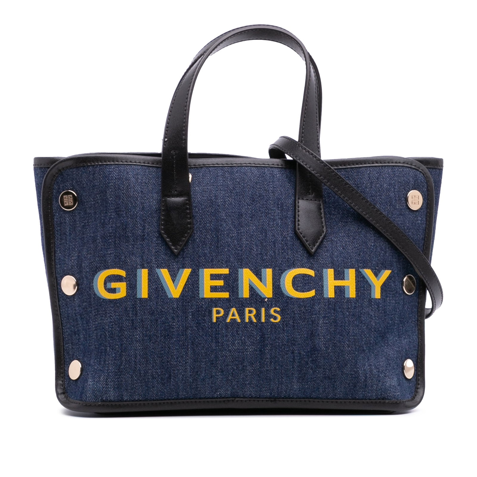 Givenchy Mini Denim Bond Shopper Tote with Leather Trim Blue: Givenchy Mini Denim Bond Shopper Tote with Leather Trim Blue The Givenchy Mini Denim Bond Shopper Tote is a stylish and versatile accessory crafted with a denim body and complemented by leather trim. 