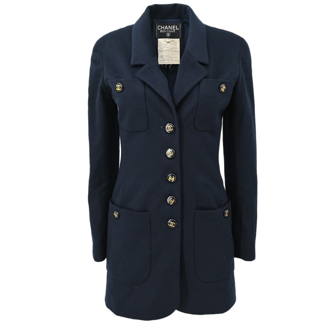 Vintage CHANEL 93A Navy Cashmere Button Jacket Size 34: Vintage CHANEL 93A Navy Cashmere Button Jacket Size 34 Vintage Chanel single-breasted jacket in navy cashmere with a mid-length silhouette, long sleeves, button-front closure, and four exterior pocket