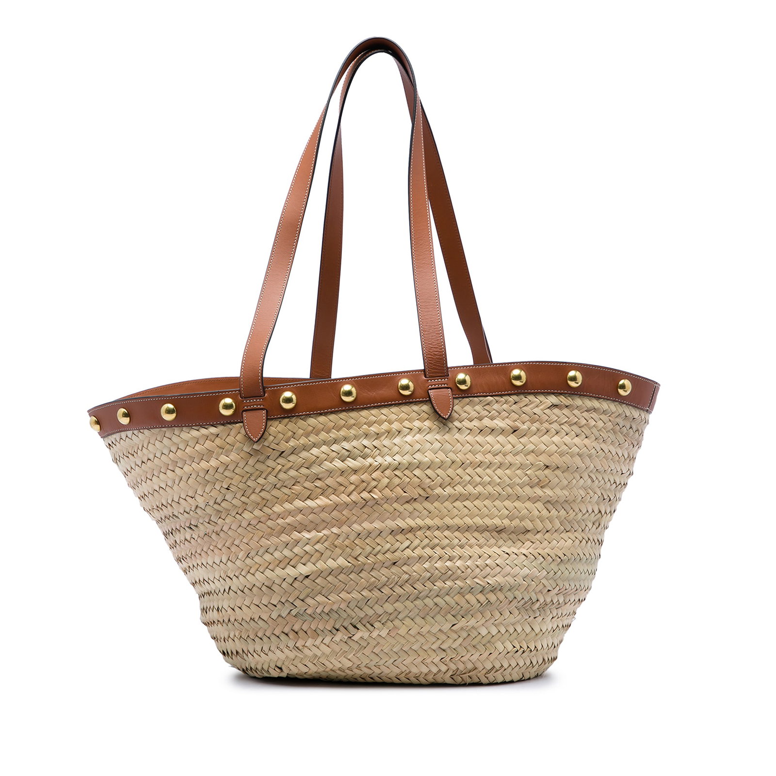 Celine Panier Large Raffia Tote with Studded Leather Trim: Celine Panier Large Raffia Tote with Studded Leather Trim A Celine Large Raffia Classic Studded Panier Tote with a woven raffia body, leather trim, flat leather shoulder straps, and an open top. The b