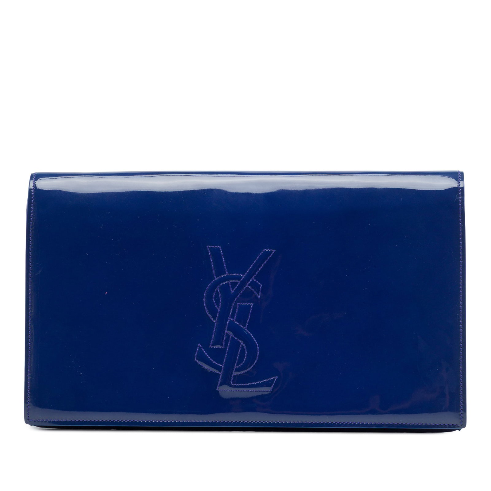 Saint Laurent Belle du Jour Patent Leather Clutch Blue: Saint Laurent Belle du Jour Patent Leather Clutch Blue Saint Laurent Belle du Jour clutch in blue patent leather with a front flap and magnetic closure. The interior includes a slip pocket. Made in It