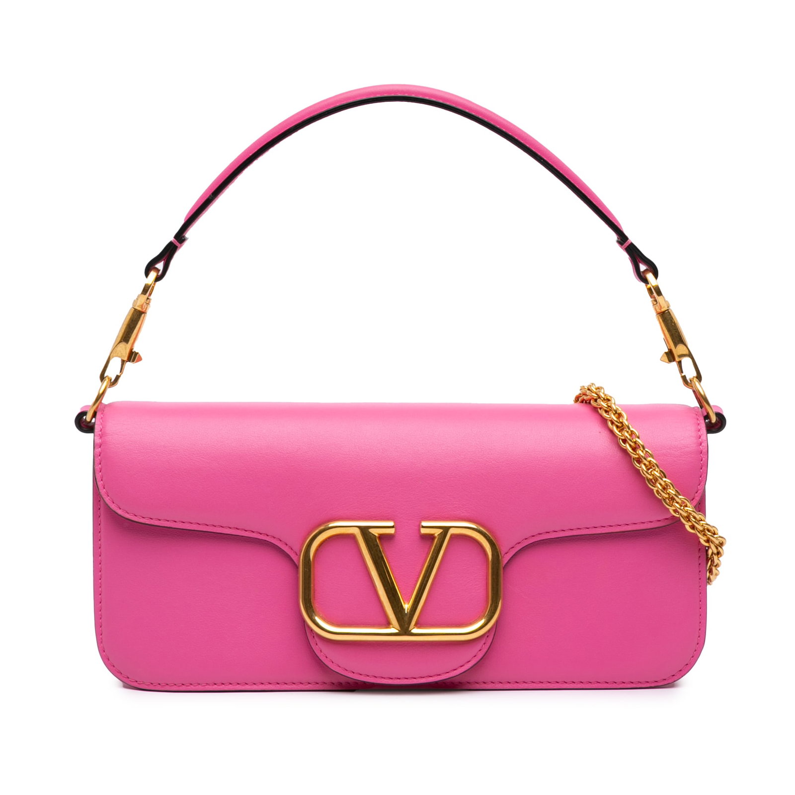Valentino VLogo Loco Medium Calfskin Satchel Pink Leather: Valentino VLogo Loco Medium Calfskin Satchel Pink Leather A Valentino Medium Calfskin VLogo Loco Satchel in pink leather with a structured flap-front design. It features a detachable flat leather hand