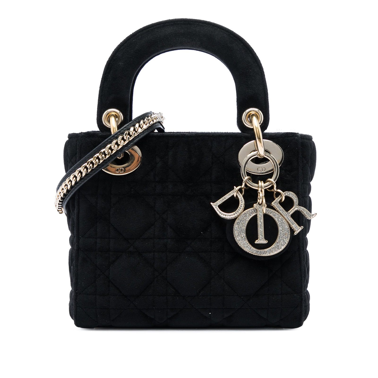 Dior Lady Dior Mini Cannage Velvet Handbag Black: Dior Lady Dior Mini Cannage Velvet Handbag Black Compact and structured, this Mini Lady Dior bag is crafted in black quilted velvet with the signature Cannage pattern. It features flat top handles, a 