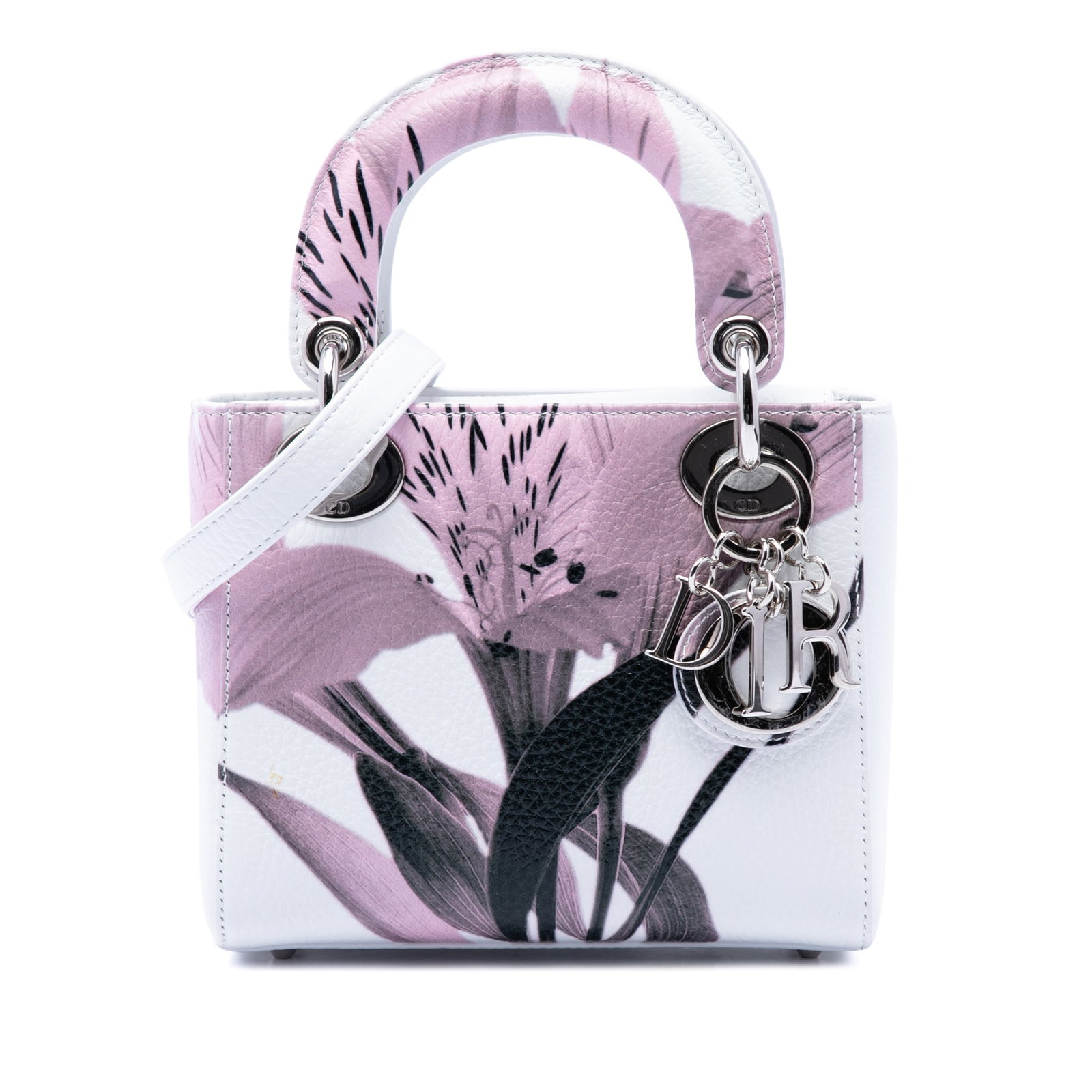 Dior Lady Dior Mini Floral Print Deerskin Shoulder Bag: Dior Lady Dior Mini Floral Print Deerskin Shoulder Bag A compact Lady Dior bag crafted in floral printed deer leather with structured top handles and a detachable flat leather shoulder strap. The desi