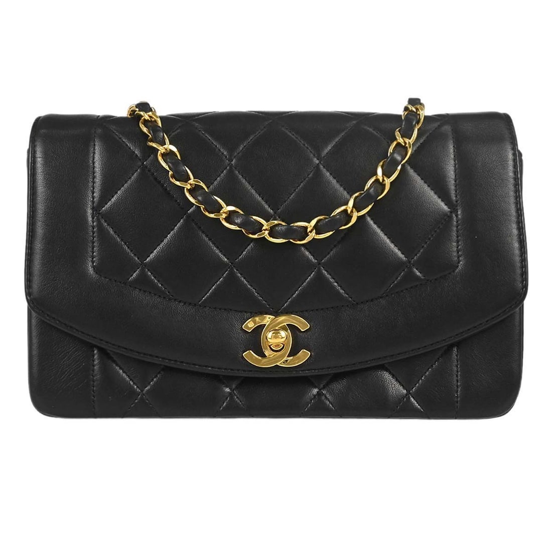 CHANEL Diana Small Black Lambskin Shoulder Bag: CHANEL Diana Small Black Lambskin Shoulder Bag Chanel Small Diana shoulder bag in black lambskin with a shoulder strap and canvas lining. This women's bag features interior pockets and comes with a se