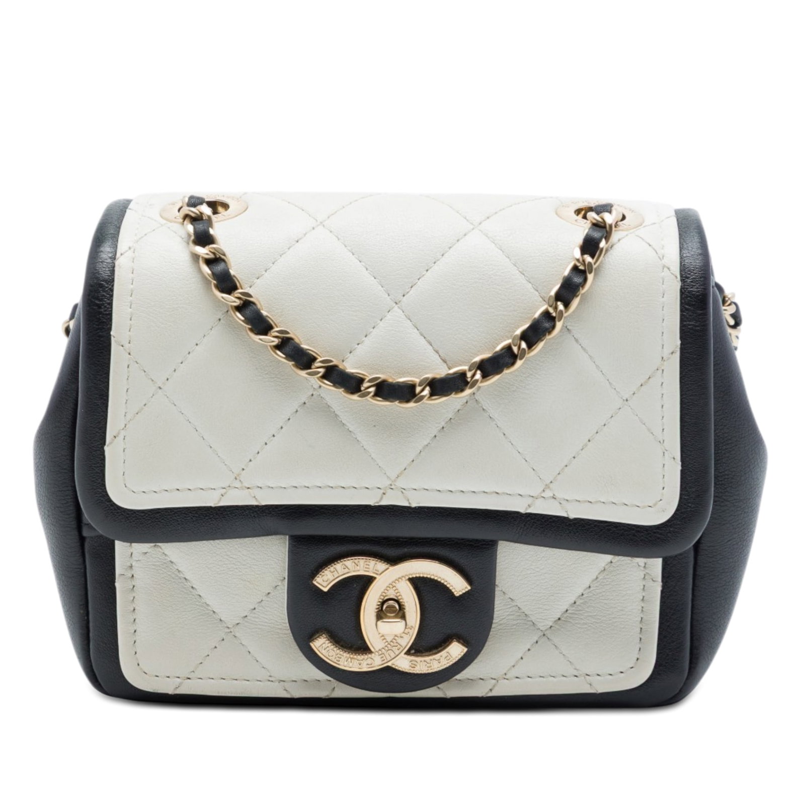 Chanel Mini Square Graphic Flap Crossbody in White Calfskin: Chanel Mini Square Graphic Flap Crossbody in White Calfskin Mini square crossbody bag in white quilted calfskin with a leather-woven chain link strap and a front flap with CC turn lock closure. The in
