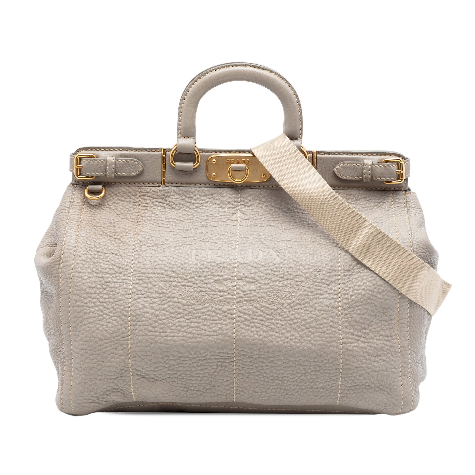 Prada Vitello Daino leather satchel with shoulder strap: Prada Vitello Daino leather satchel with shoulder strap Prada Vitello Daino Canapa Logo Frame Satchel in gray deerskin leather with flat leather handles, a detachable flat shoulder strap, and a top fr