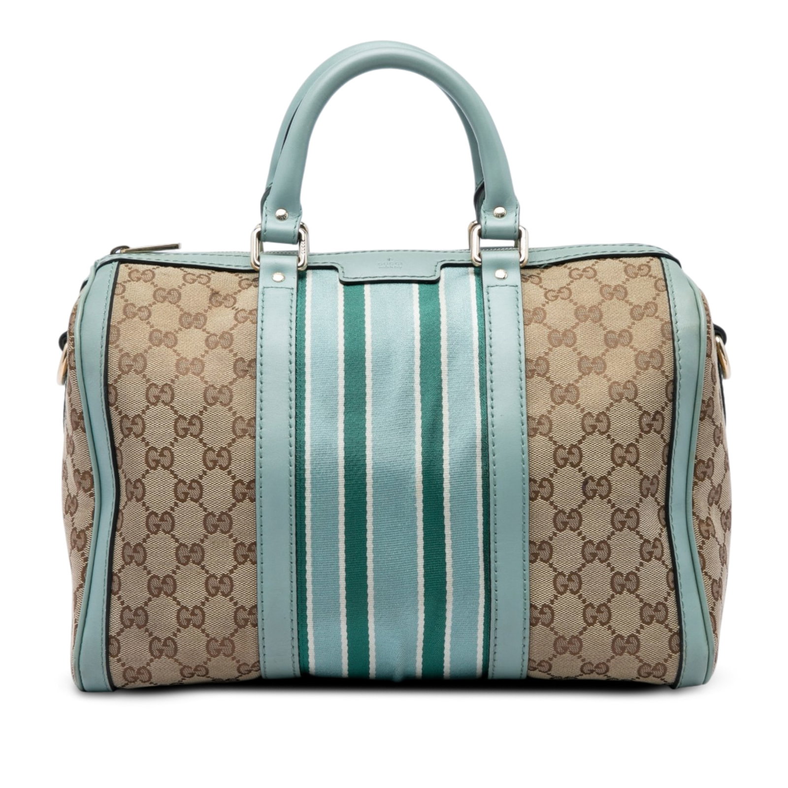 Gucci Joy Boston Satchel Medium GG Canvas Web Stripe: Gucci Joy Boston Satchel Medium GG Canvas Web Stripe Gucci Medium GG Canvas Web Joy Boston Bag with a beige canvas body, leather trim, and signature web detail. This satchel features rolled leather ha
