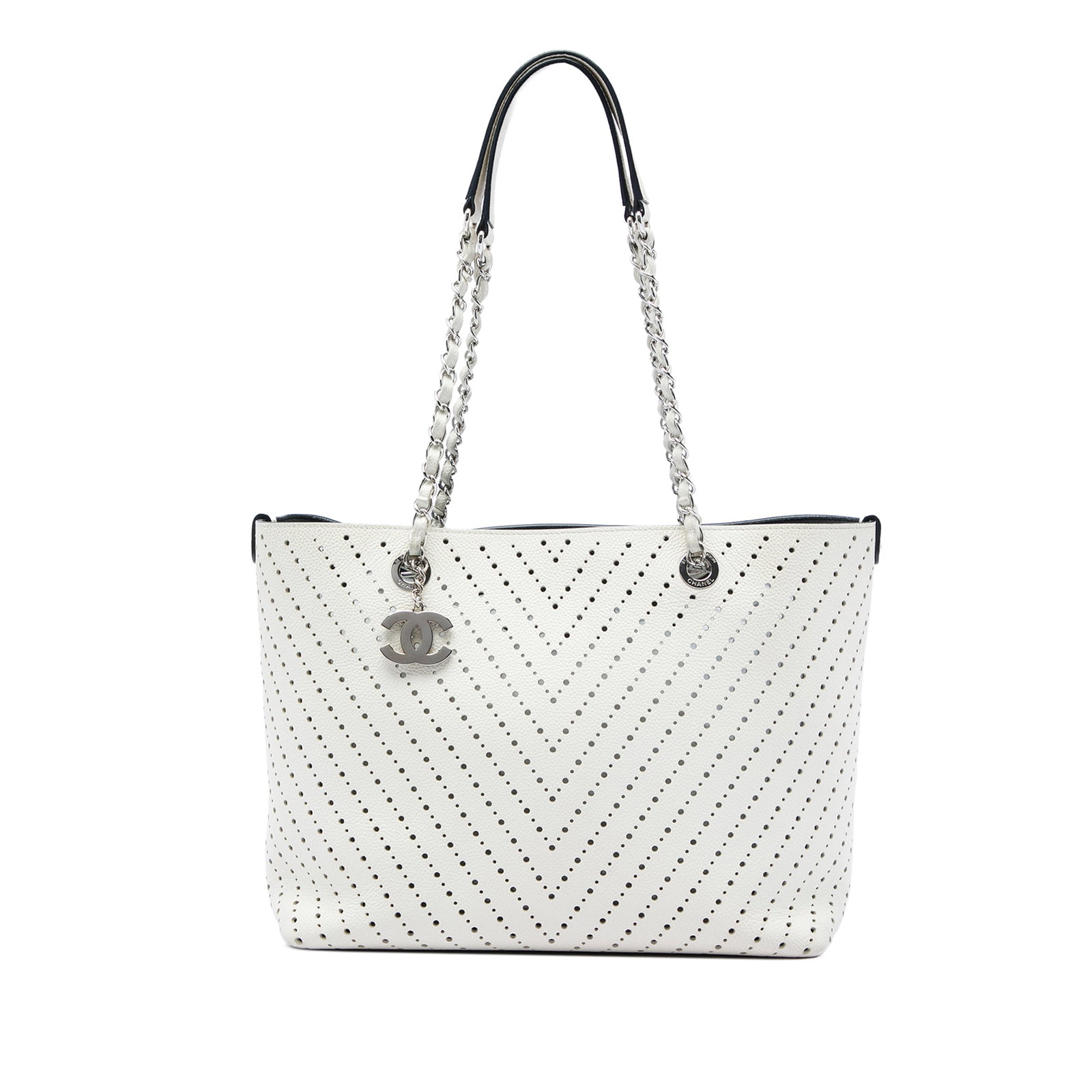 Chanel CC Chevron Caviar Leather Shopping Tote White: Chanel CC Chevron Caviar Leather Shopping Tote White Chanel CC Perforated Chevron Caviar Shopping Tote in white leather with a perforated caviar leather body, leather-woven chain straps with leather g