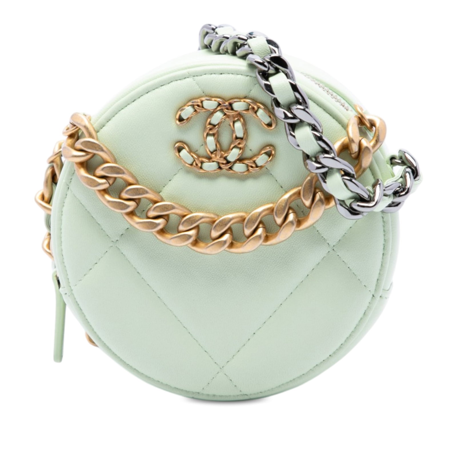 Chanel 19 Round Clutch with Chain Green Lambskin Bag: Chanel 19 Round Clutch with Chain Green Lambskin Bag Chanel Lambskin 19 Round Clutch with Chain in green quilted lambskin leather. This compact bag features a gold-tone chain-link handle, a leather-wo