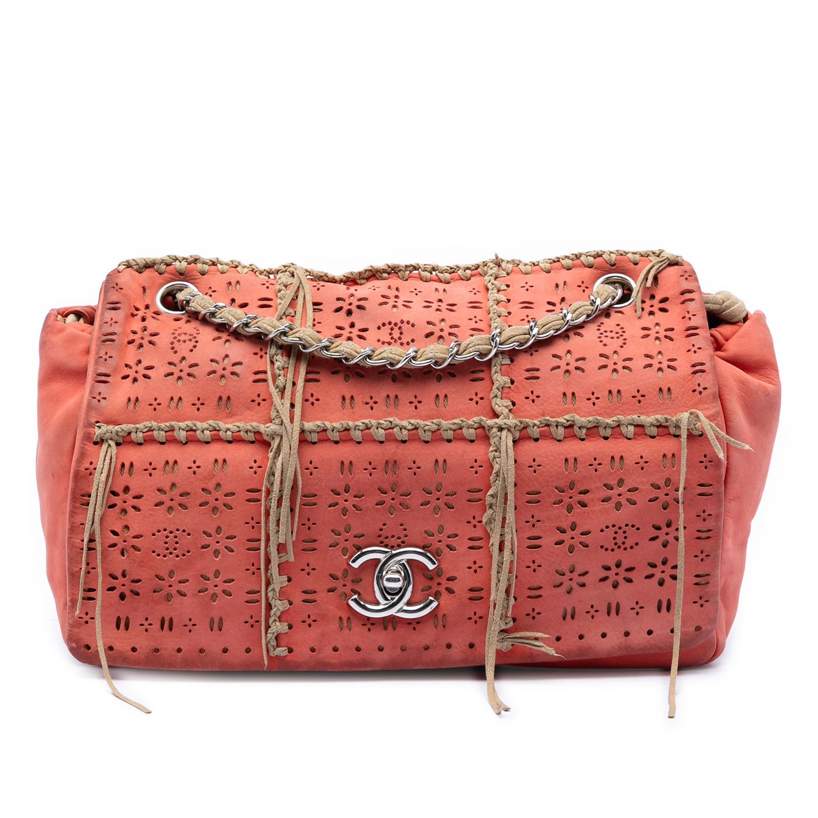 Chanel Laser Cut Fringe Flap Shoulder Bag Orange Leather: Chanel Laser Cut Fringe Flap Shoulder Bag Orange Leather This Chanel shoulder bag is the Laser Cut Fringe Suede Flap Bag, made in Italy. It features a perforated leather body with fringe details, sued