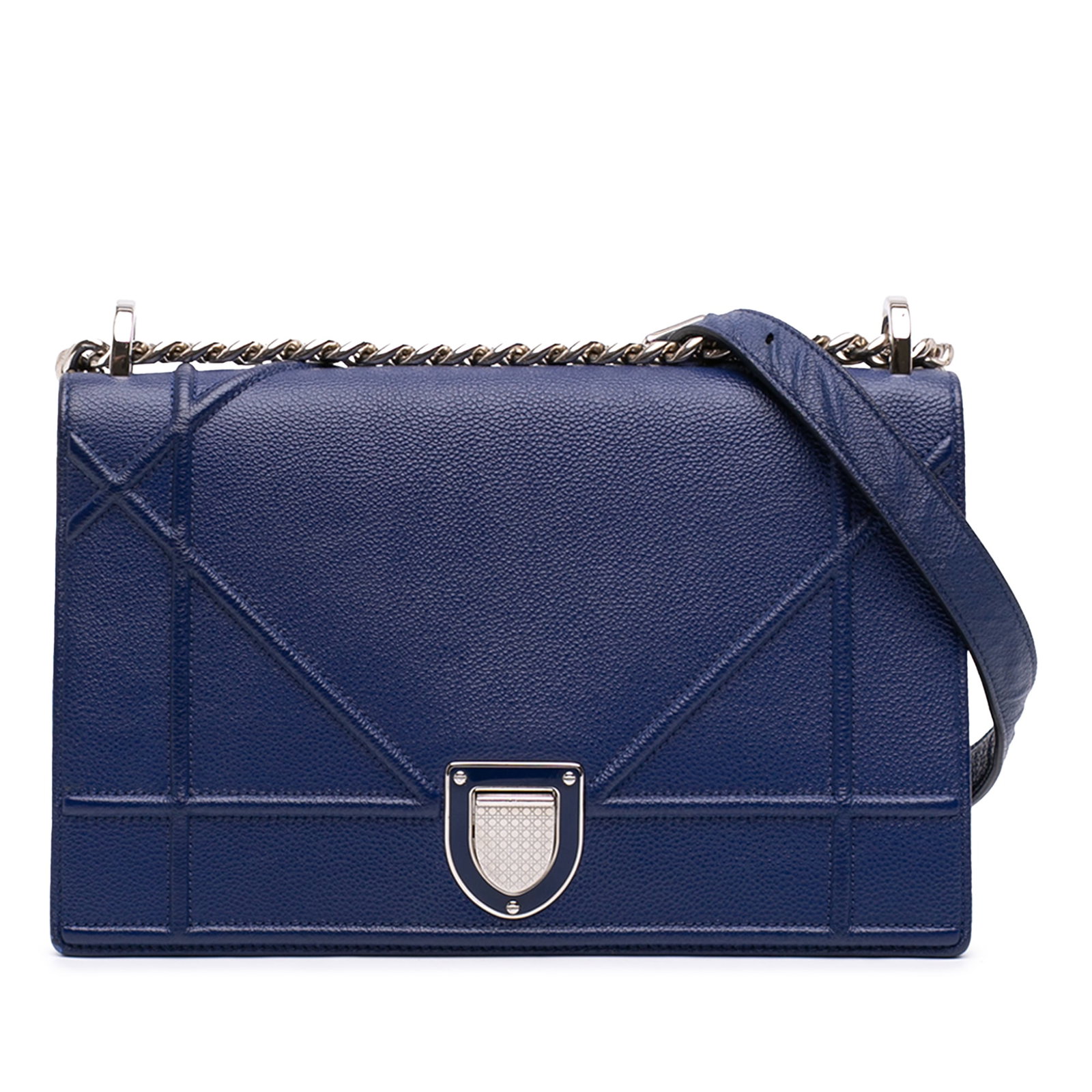 Dior Diorama blue grained calfskin flap shoulder bag: Dior Diorama blue grained calfskin flap shoulder bag A blue Dior Diorama flap bag crafted in grained calfskin leather. This shoulder bag features a curb chain strap, a front flap with push-lock closur