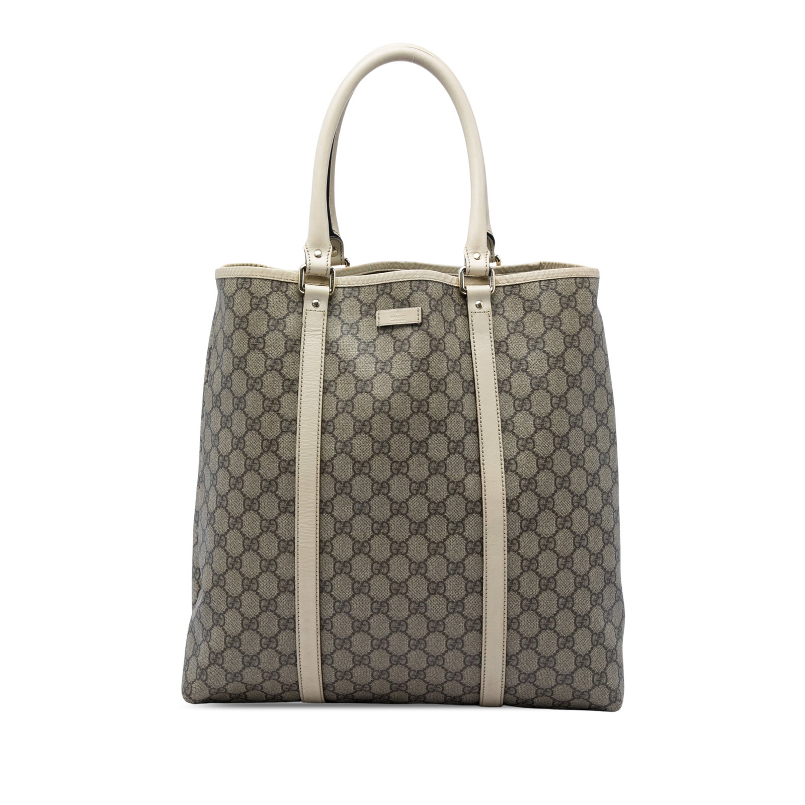 Gucci GG Supreme Joy Vertical Tote Beige Coated Canvas Bag: Gucci GG Supreme Joy Vertical Tote Beige Coated Canvas Bag Gucci GG Supreme Joy Vertical Tote in beige with a coated canvas body and leather trim. This tote features rolled leather handles, an open to