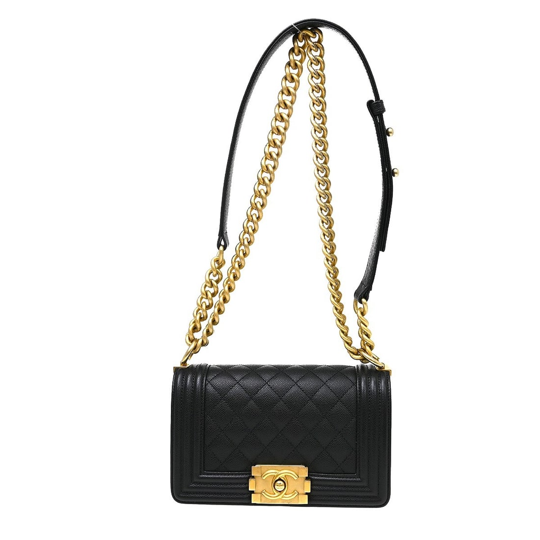 CHANEL Boy Chanel Mini Black Calfskin Chain Shoulder Bag: CHANEL Boy Chanel Mini Black Calfskin Chain Shoulder Bag Boy Chanel small chain shoulder bag in black calfskin with a clasp flap closure and chain shoulder strap. The bag is lined in fabric and includ