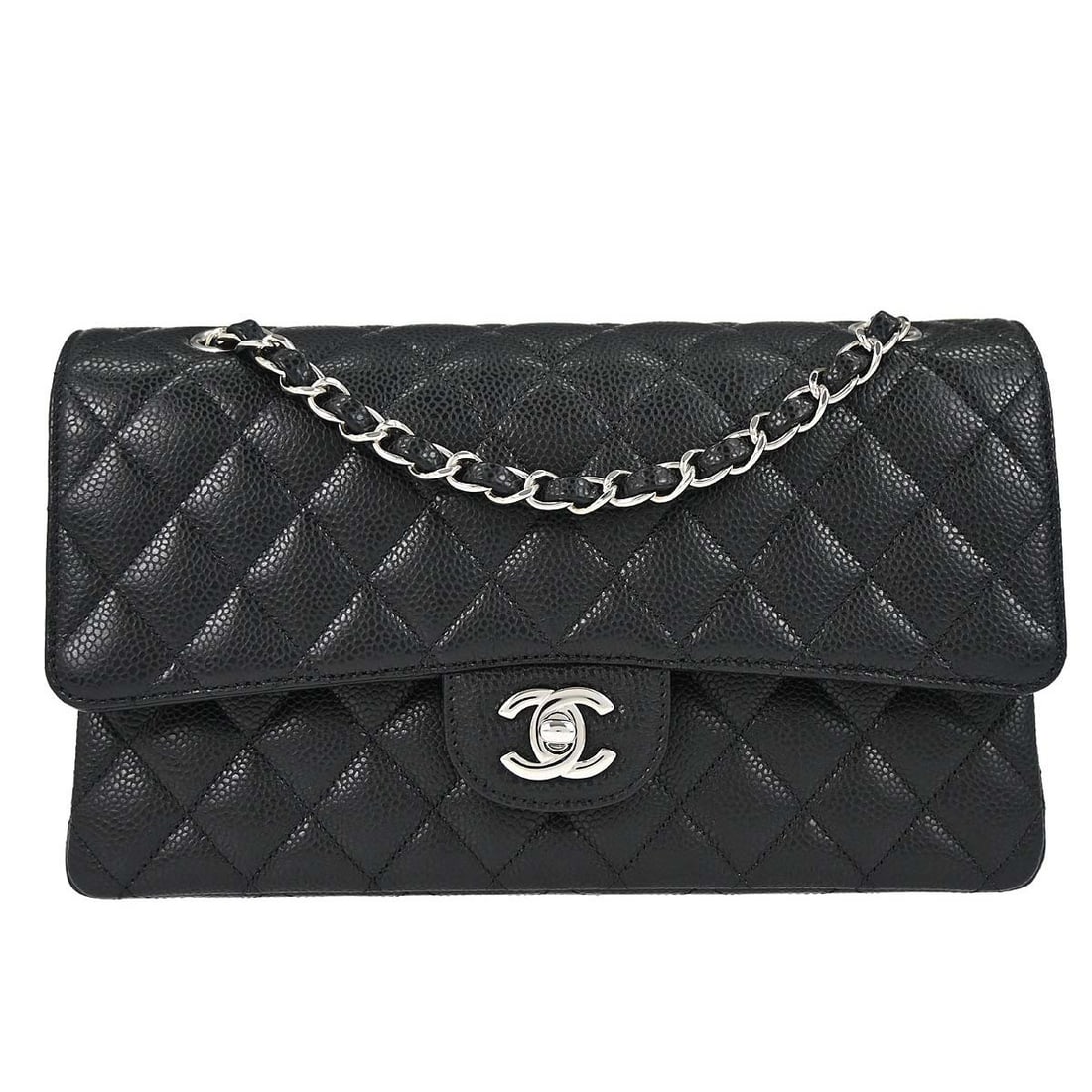 CHANEL Classic Double Flap Medium Black Leather Shoulder Bag: CHANEL Classic Double Flap Medium Black Leather Shoulder Bag Chanel Medium Classic Double Flap Shoulder Bag in black caviar skin leather with a turn lock closure. The bag is described as being in very