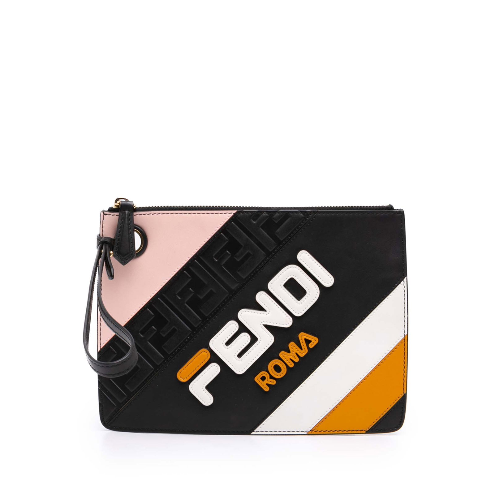Fendi Fila Mania Zucca Embossed Leather Wristlet Clutch: Fendi Fila Mania Zucca Embossed Leather Wristlet Clutch A Fendi Fila Mania clutch in black Zucca embossed leather with a streamlined silhouette. It features a flat wrist strap and a top zip closure. I