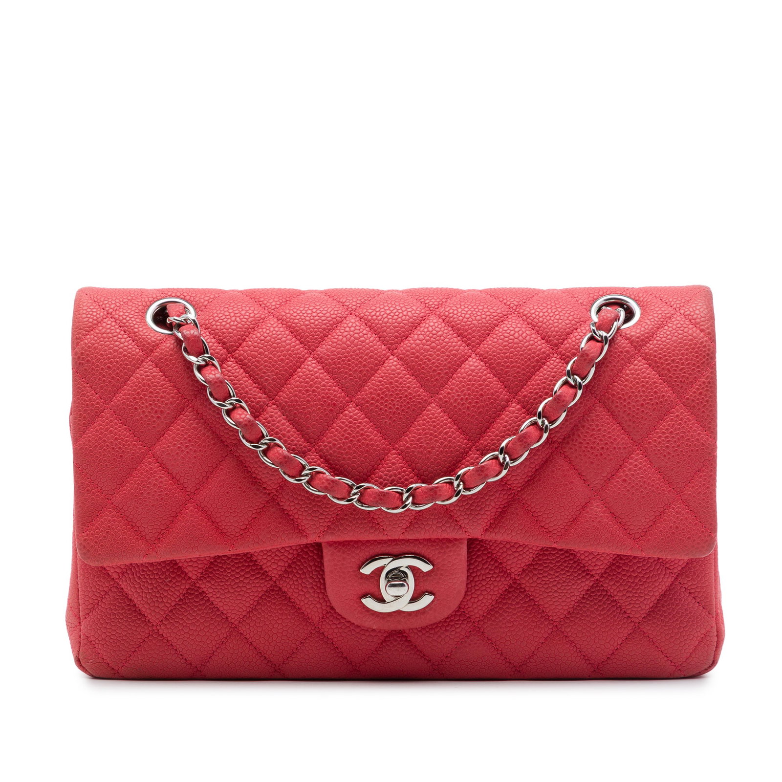 Chanel Medium Classic Double Flap Shoulder Bag Red Caviar Leather: Chanel Medium Classic Double Flap Shoulder Bag Red Caviar Leather A Chanel Medium Classic Caviar Double Flap shoulder bag in red quilted caviar leather. This bag features a leather-woven chain link st