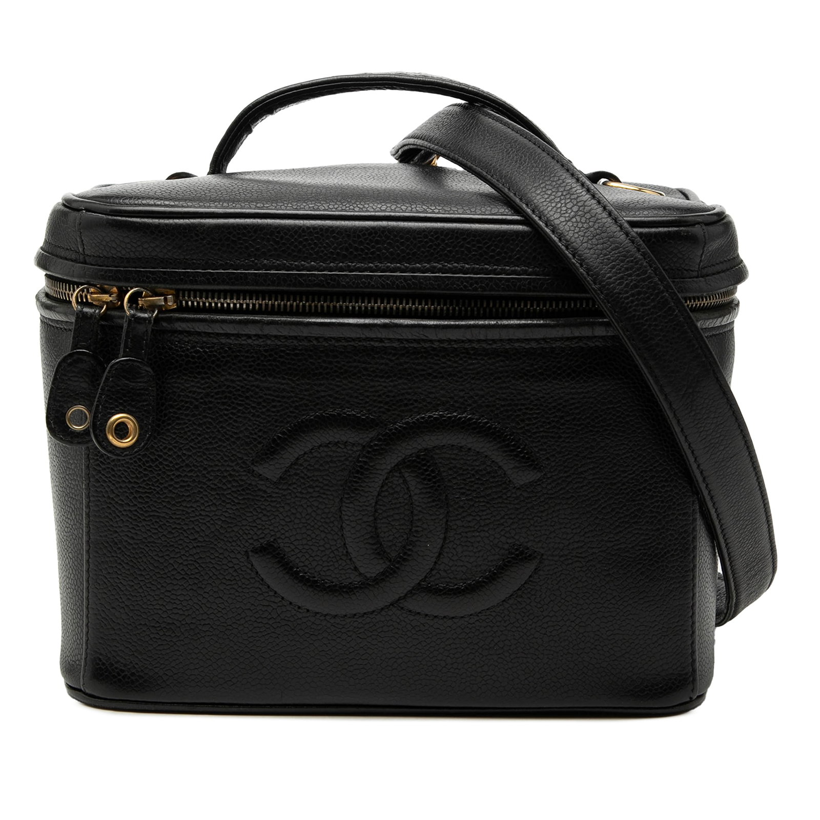 Chanel CC Vanity Bag in Black Caviar Leather: Chanel CC Vanity Bag in Black Caviar Leather Chanel CC Caviar Vanity Bag in black caviar leather with a flat top handle, detachable shoulder strap, zip-around closure, and interior slip pockets. The p