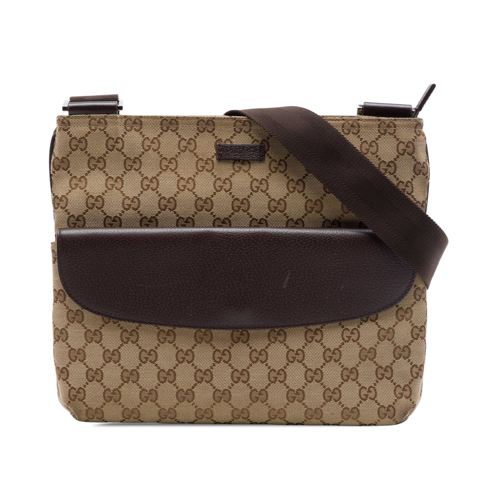 Gucci GG Canvas Beige Crossbody Bag with Leather Trim: Gucci GG Canvas Beige Crossbody Bag with Leather Trim Gucci GG Canvas Crossbody bag in beige with leather trim. This crossbody style features an adjustable flat strap, top zip closure, an exterior fla